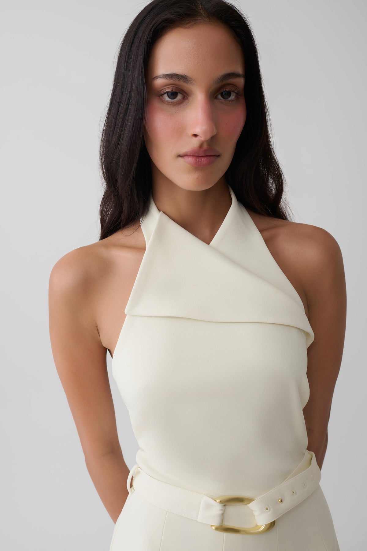 Alecto Crepe Halter Midi Dress With Belt - Ivory #3