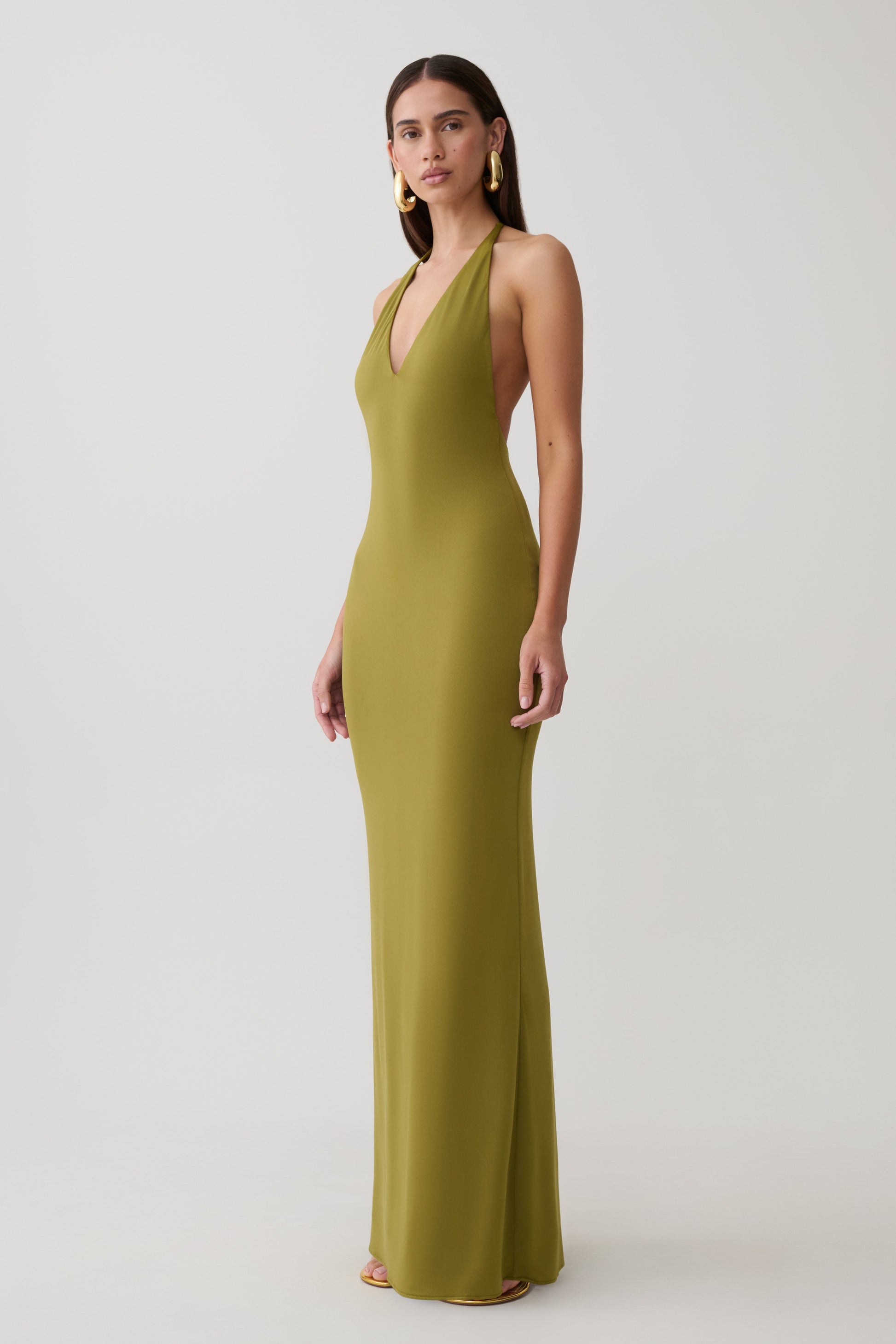 Hana Slinky Plunge Maxi Dress - Martini Olive #4