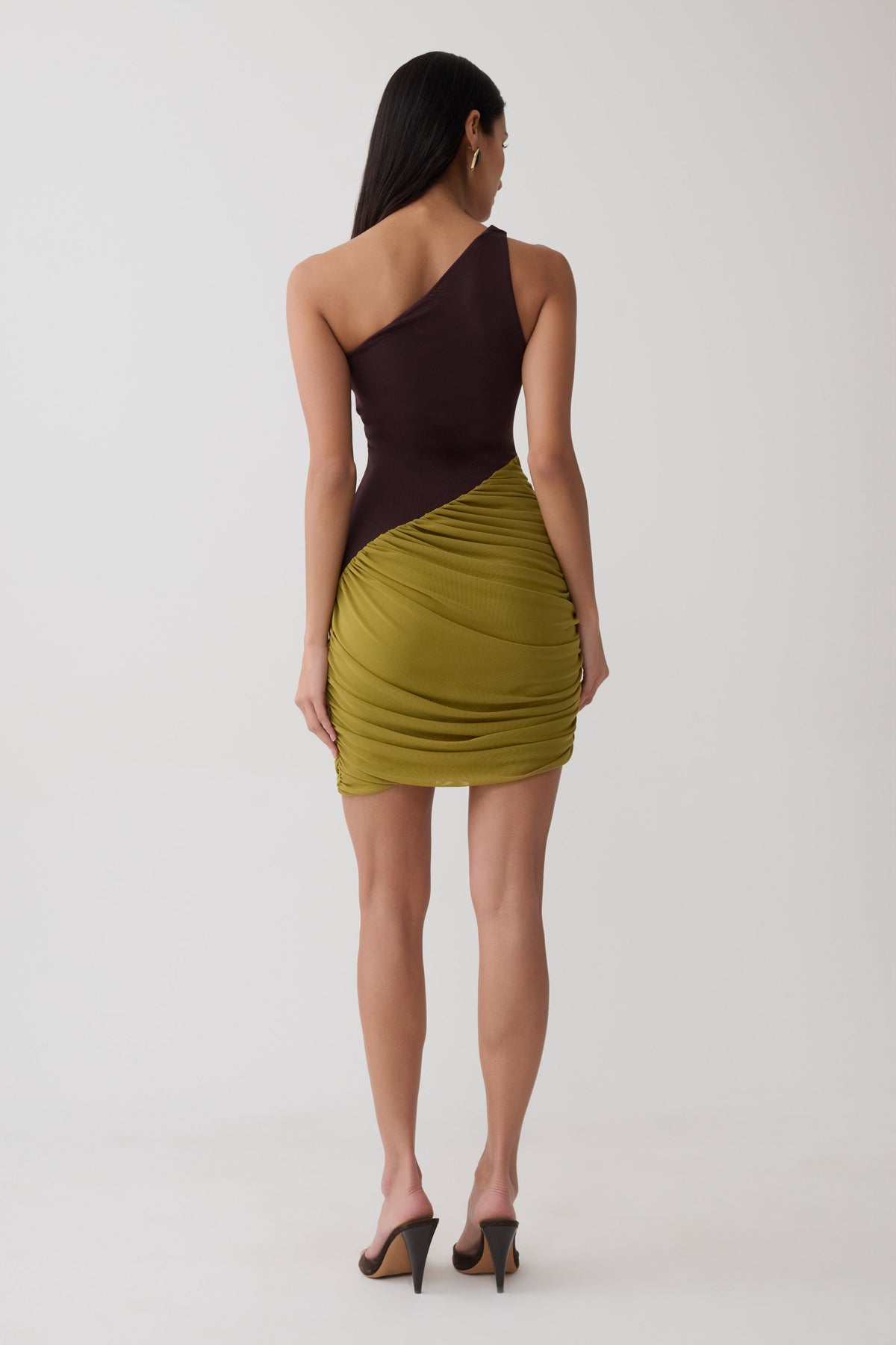 Halo Asymmetric Two Toned Mini Dress - Green/Chocolate