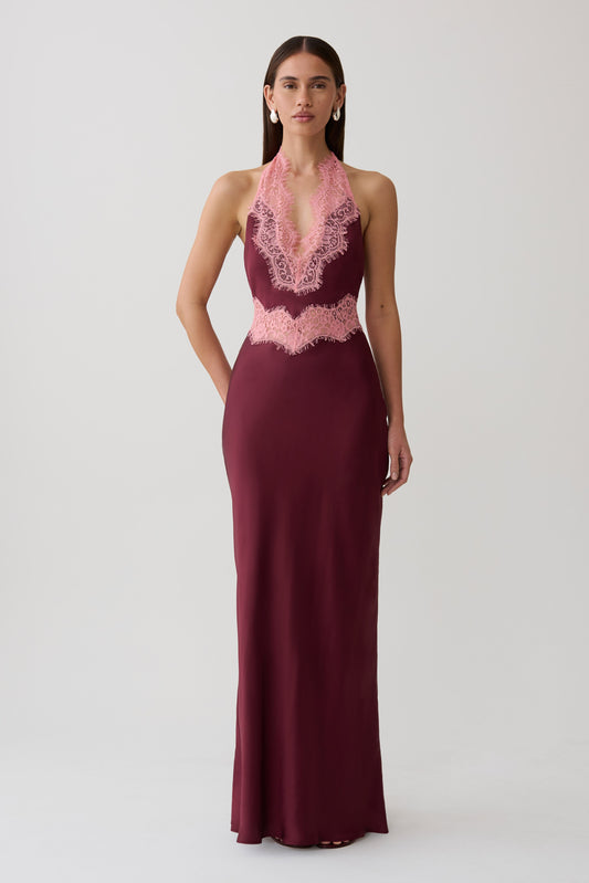 Louise Satin And Lace Maxi Dress - Burgundy