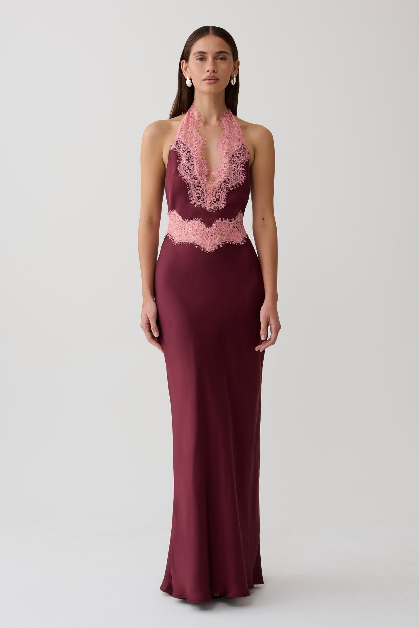 Louise Satin And Lace Maxi Dress - Burgundy