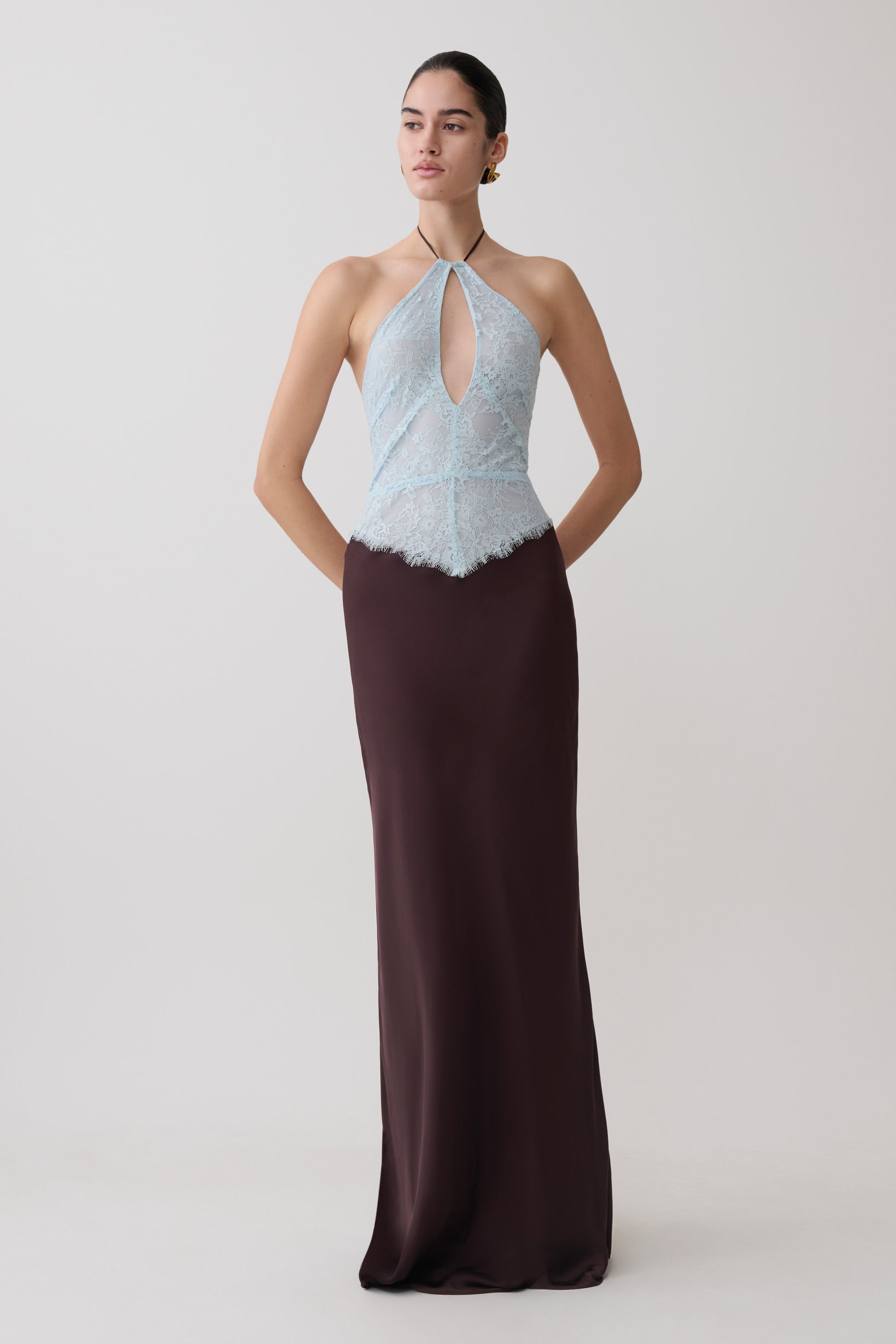 Sascha Lace And Satin Halter Maxi Dress - Ice Blue/Chocolate #5