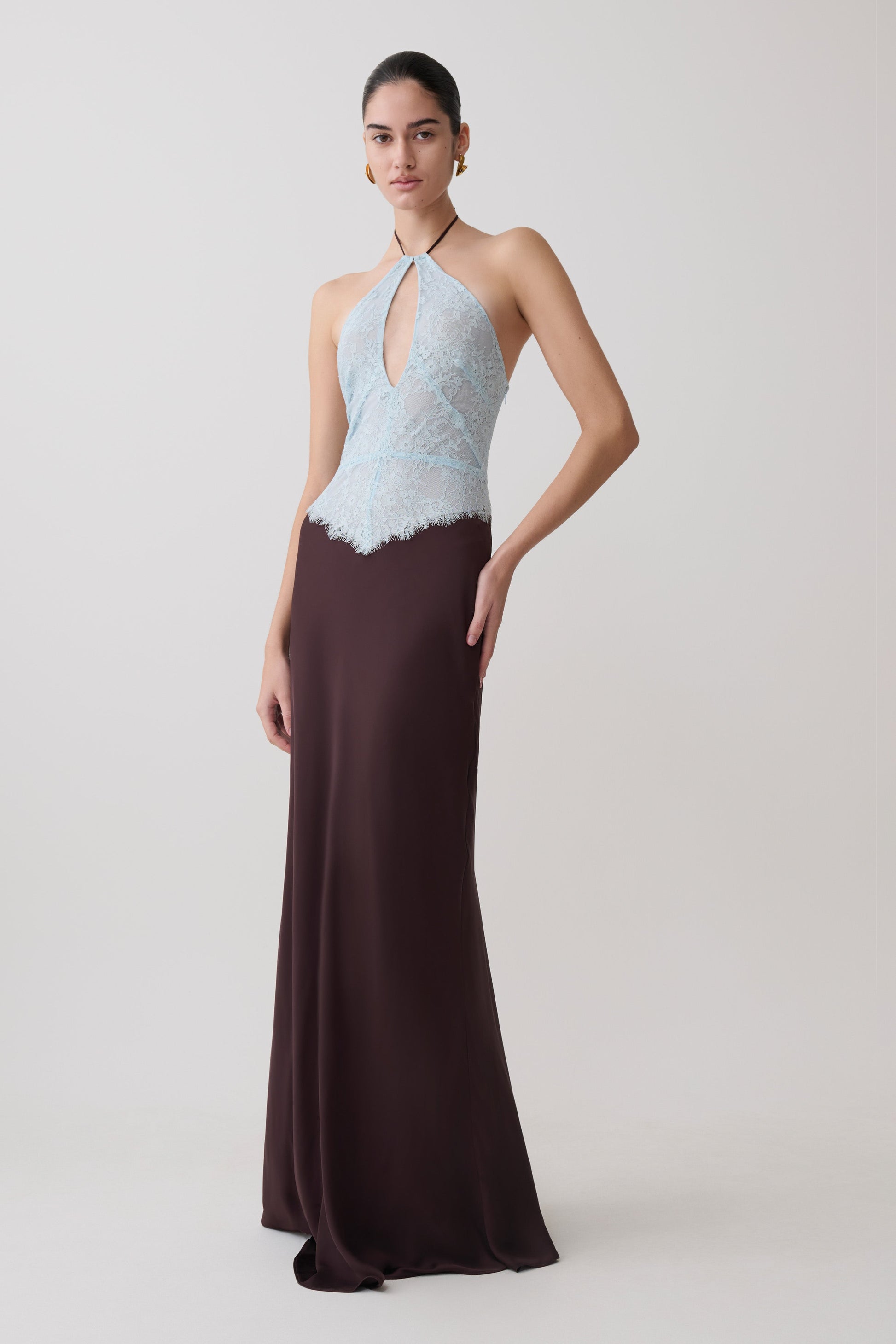 Sascha Lace And Satin Halter Maxi Dress - Ice Blue/Chocolate #4