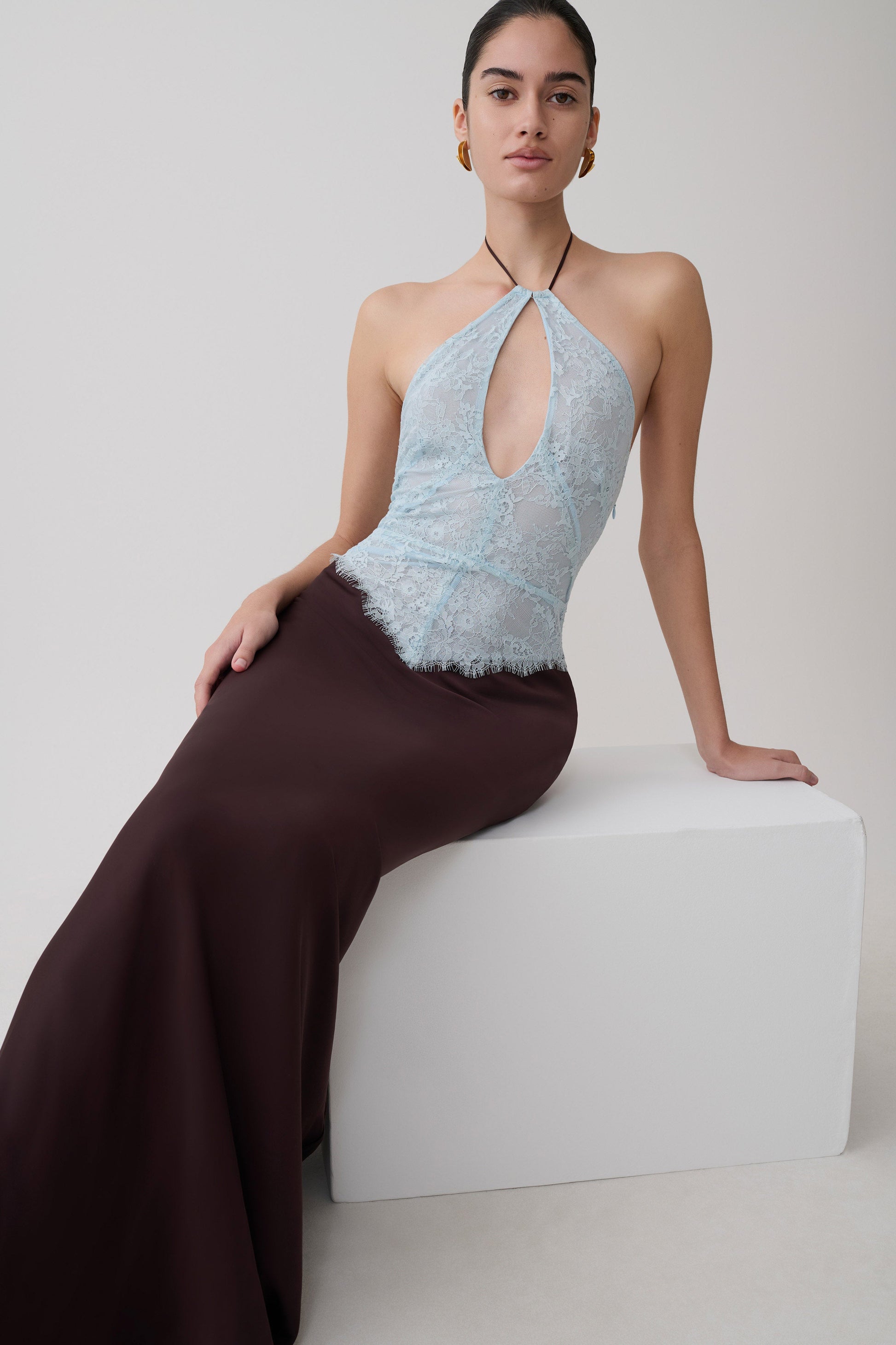Sascha Lace And Satin Halter Maxi Dress - Ice Blue/Chocolate #7