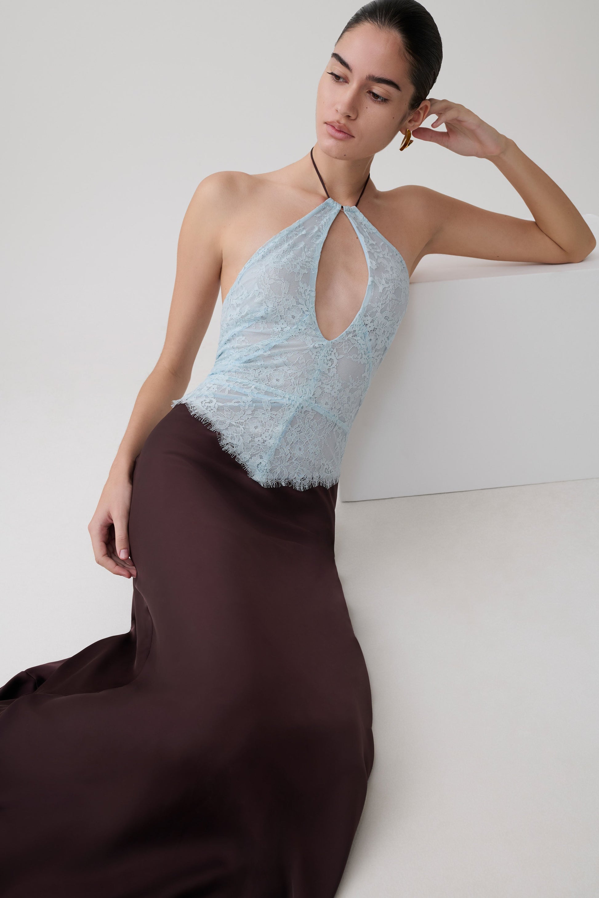 Sascha Lace And Satin Halter Maxi Dress - Ice Blue/Chocolate #3
