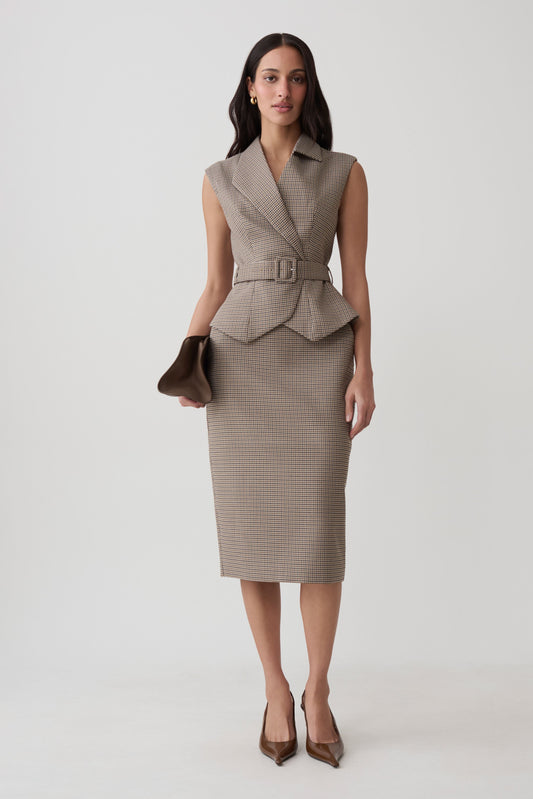 Gisella Suiting Midi Skirt - Tan Check