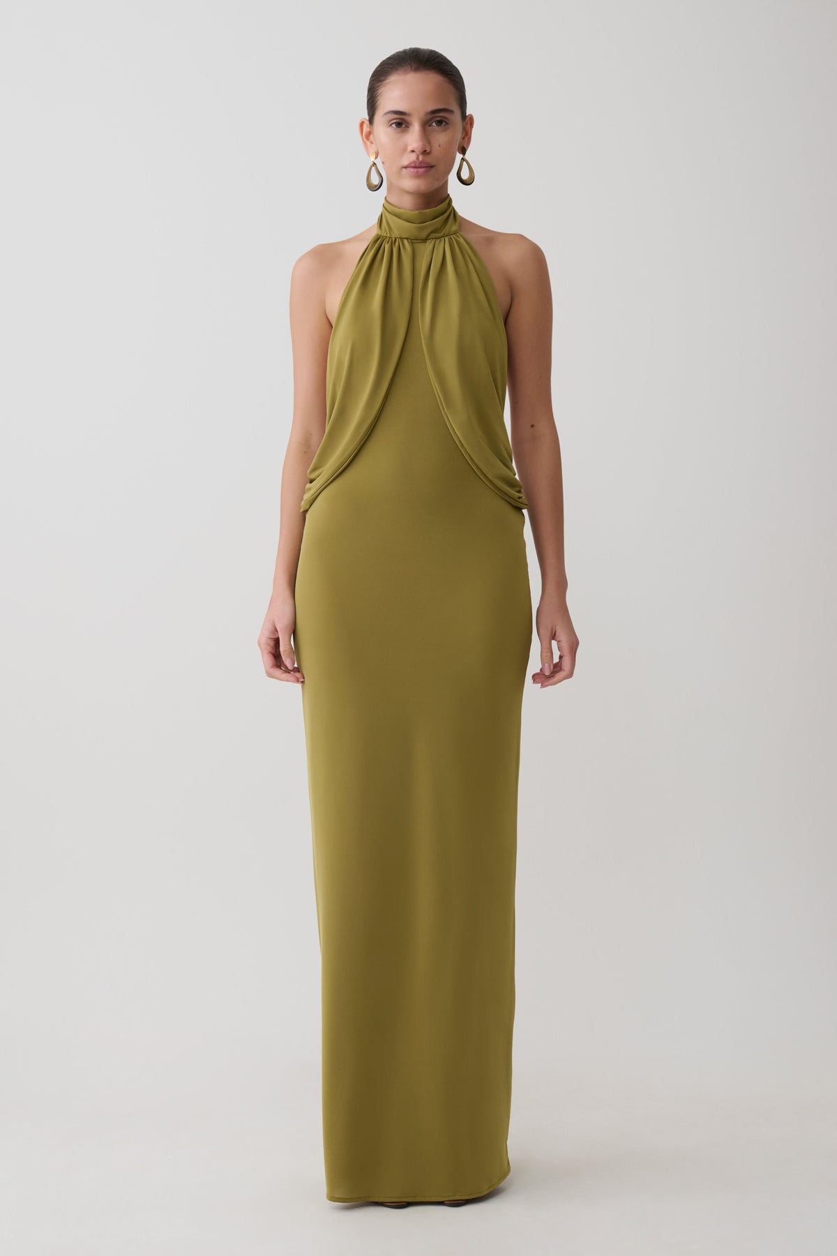 Joan Halter Neck Slinky Maxi Dress - Martini Olive #2