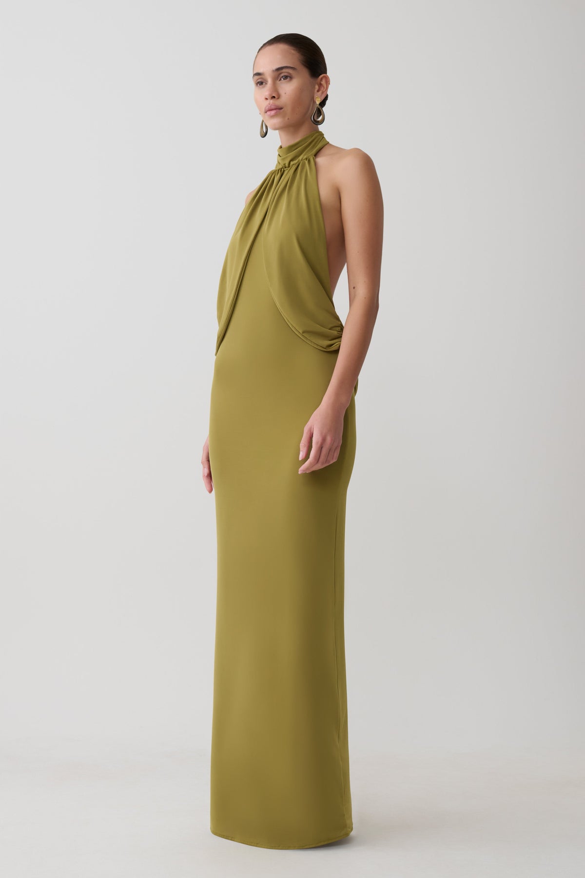 Joan Halter Neck Slinky Maxi Dress - Martini Olive #5