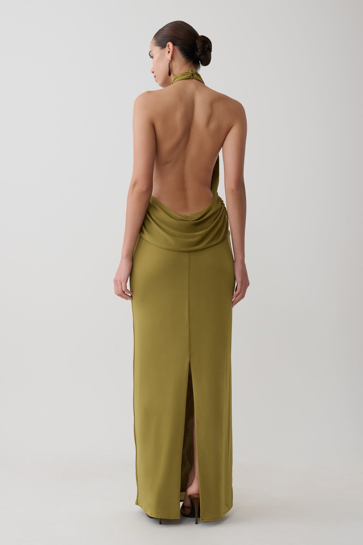 Joan Halter Neck Slinky Maxi Dress - Martini Olive #4