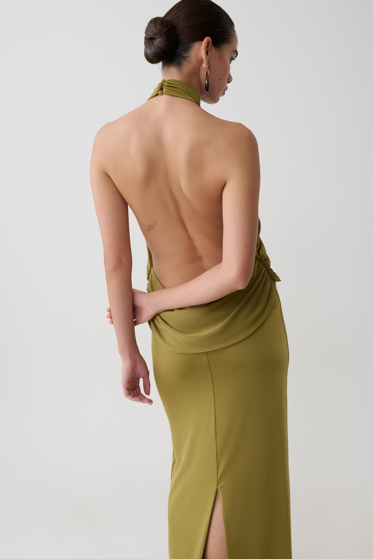 Joan Halter Neck Slinky Maxi Dress - Martini Olive #3