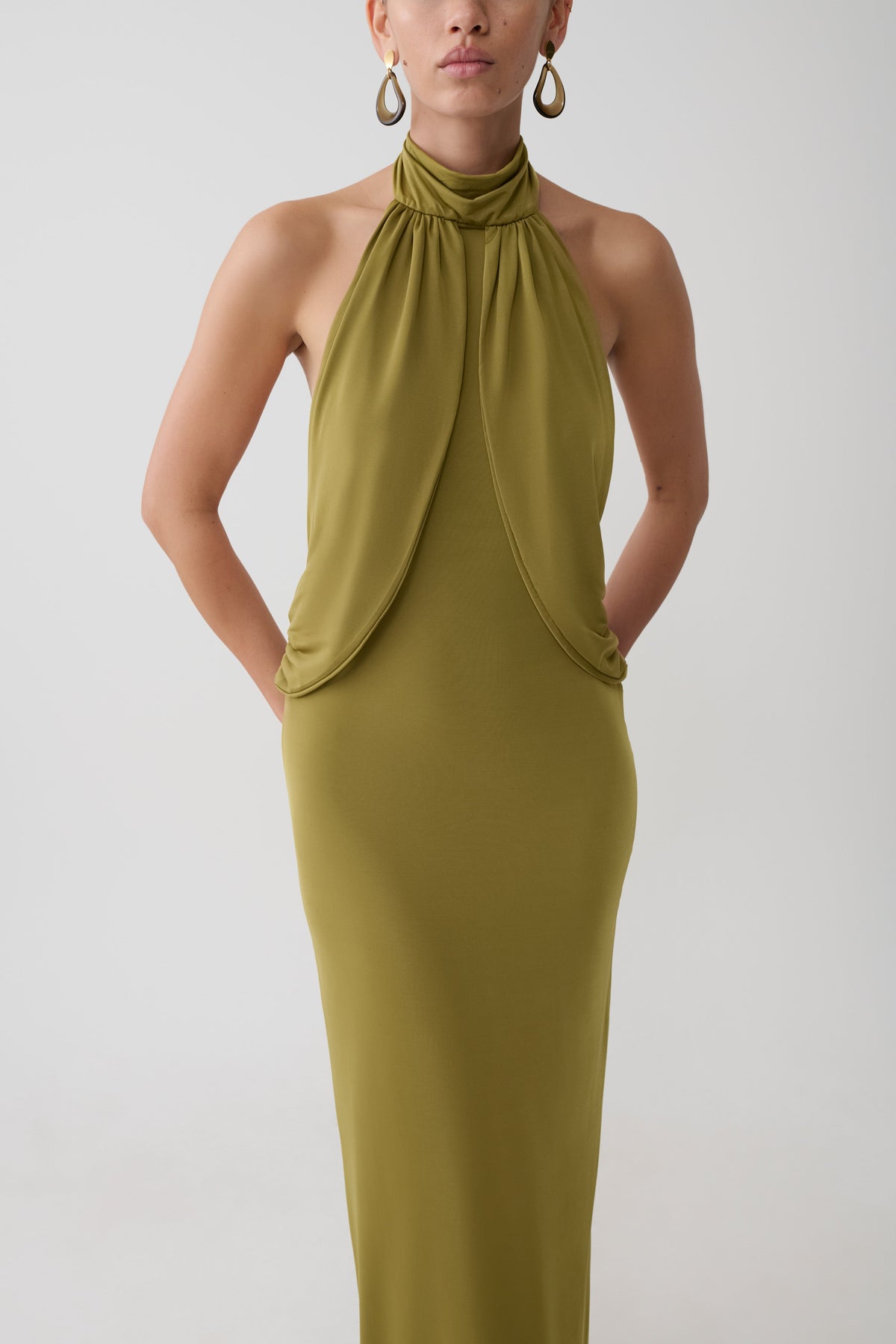 Joan Halter Neck Slinky Maxi Dress - Martini Olive #6