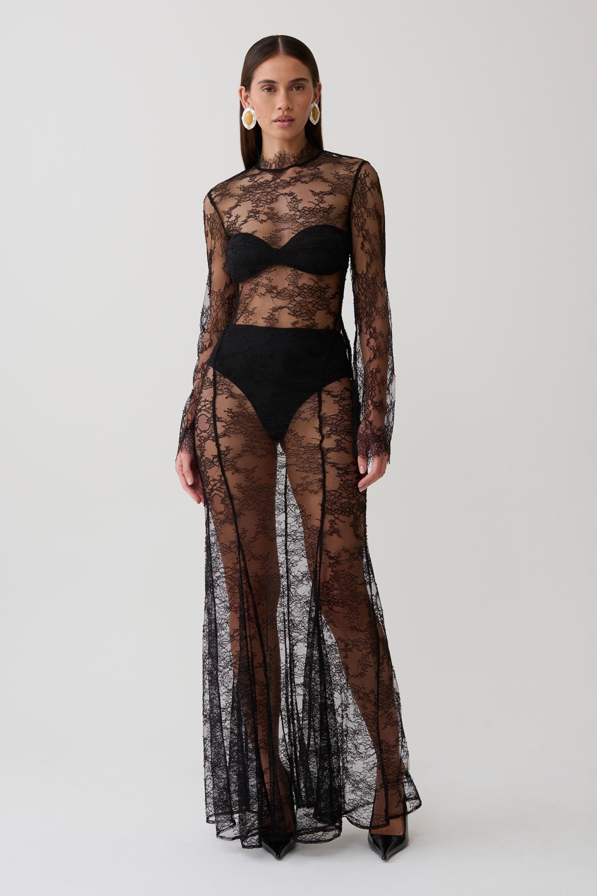 Alizette Long Sleeve Lace Maxi Dress - Black #5