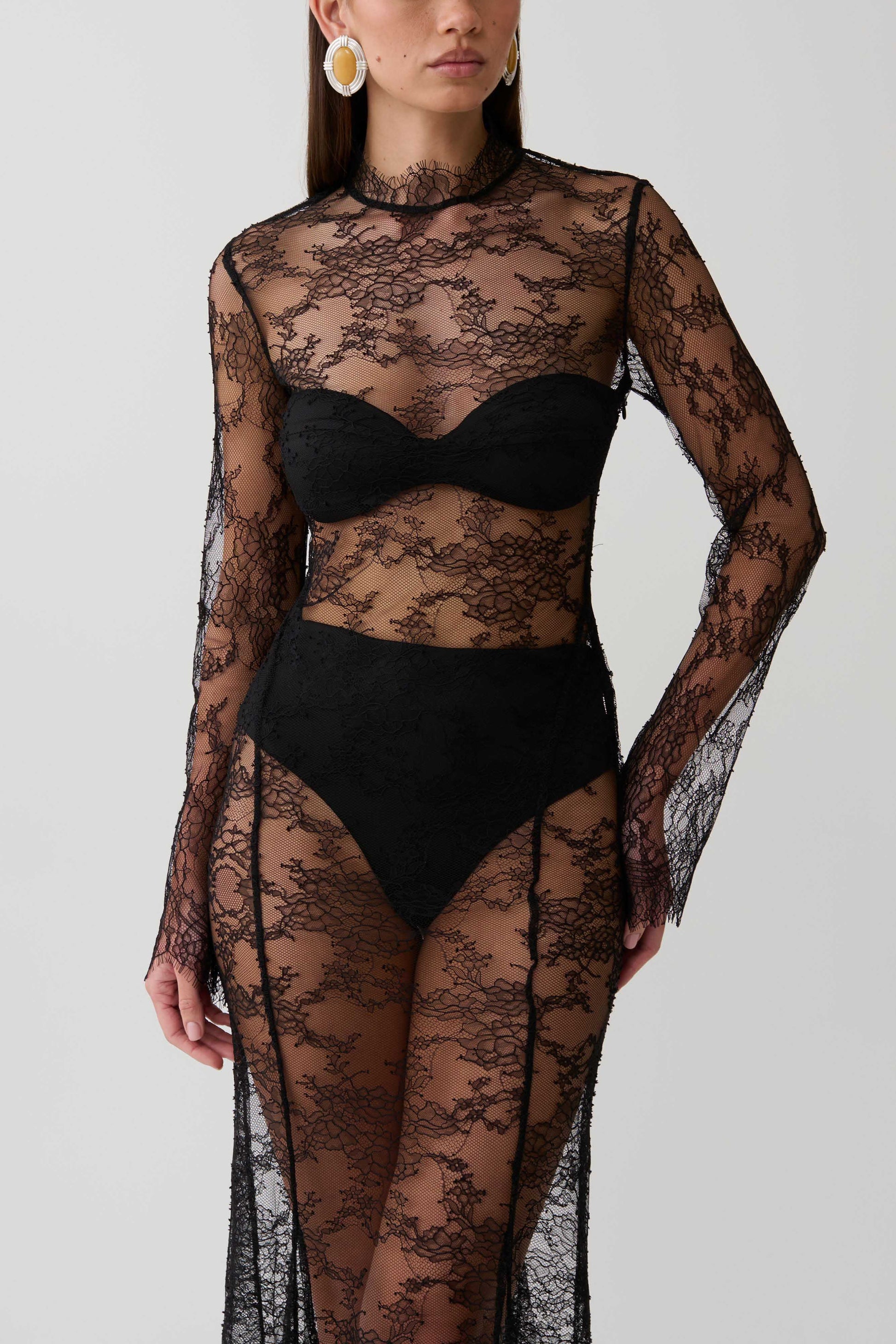 Alizette Long Sleeve Lace Maxi Dress - Black #3