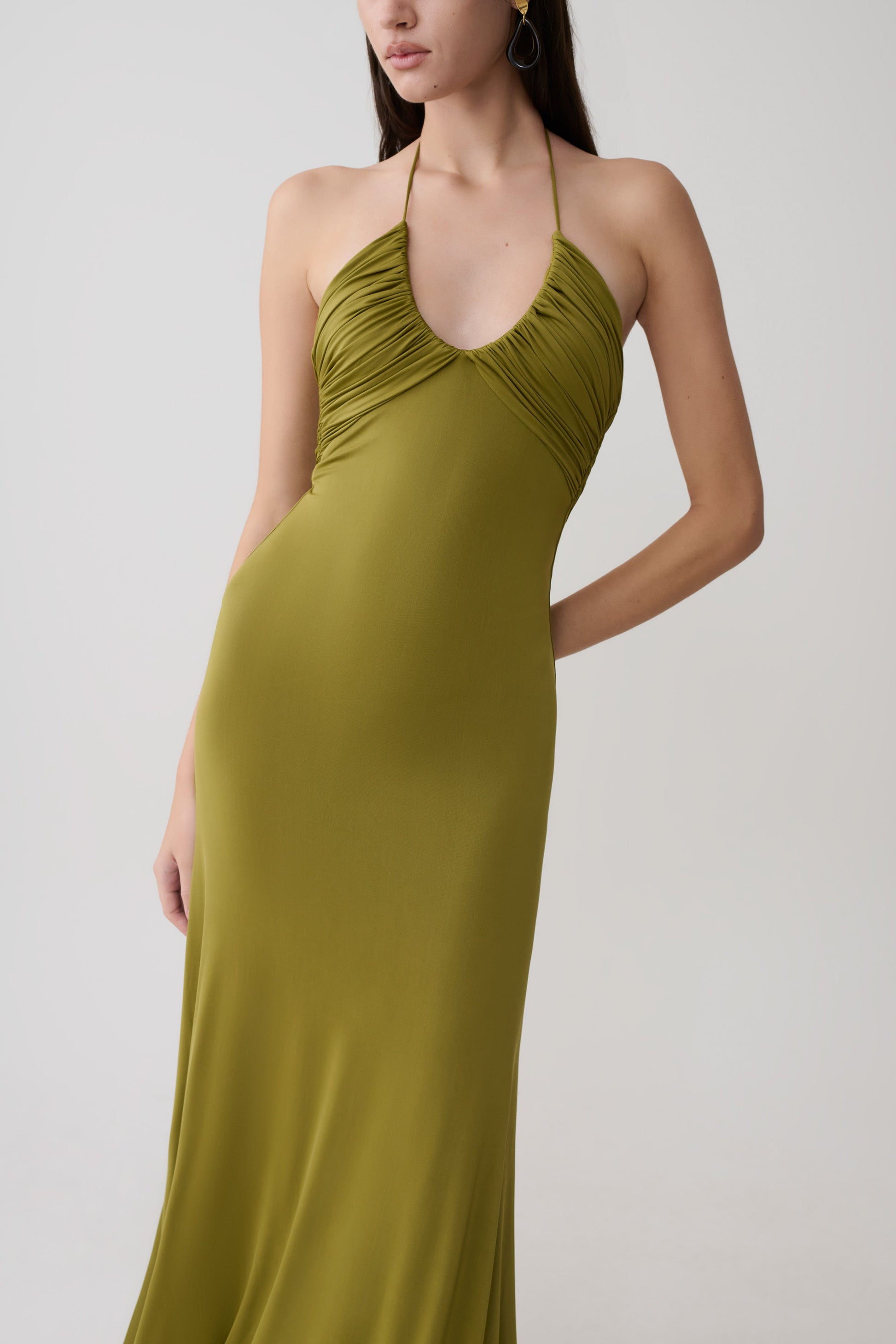 Maely Gathered Slinky Maxi Dress - Olive #6
