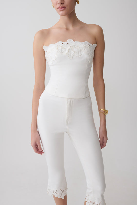 Tillie Flower Embroidery Strapless Denim Top - White