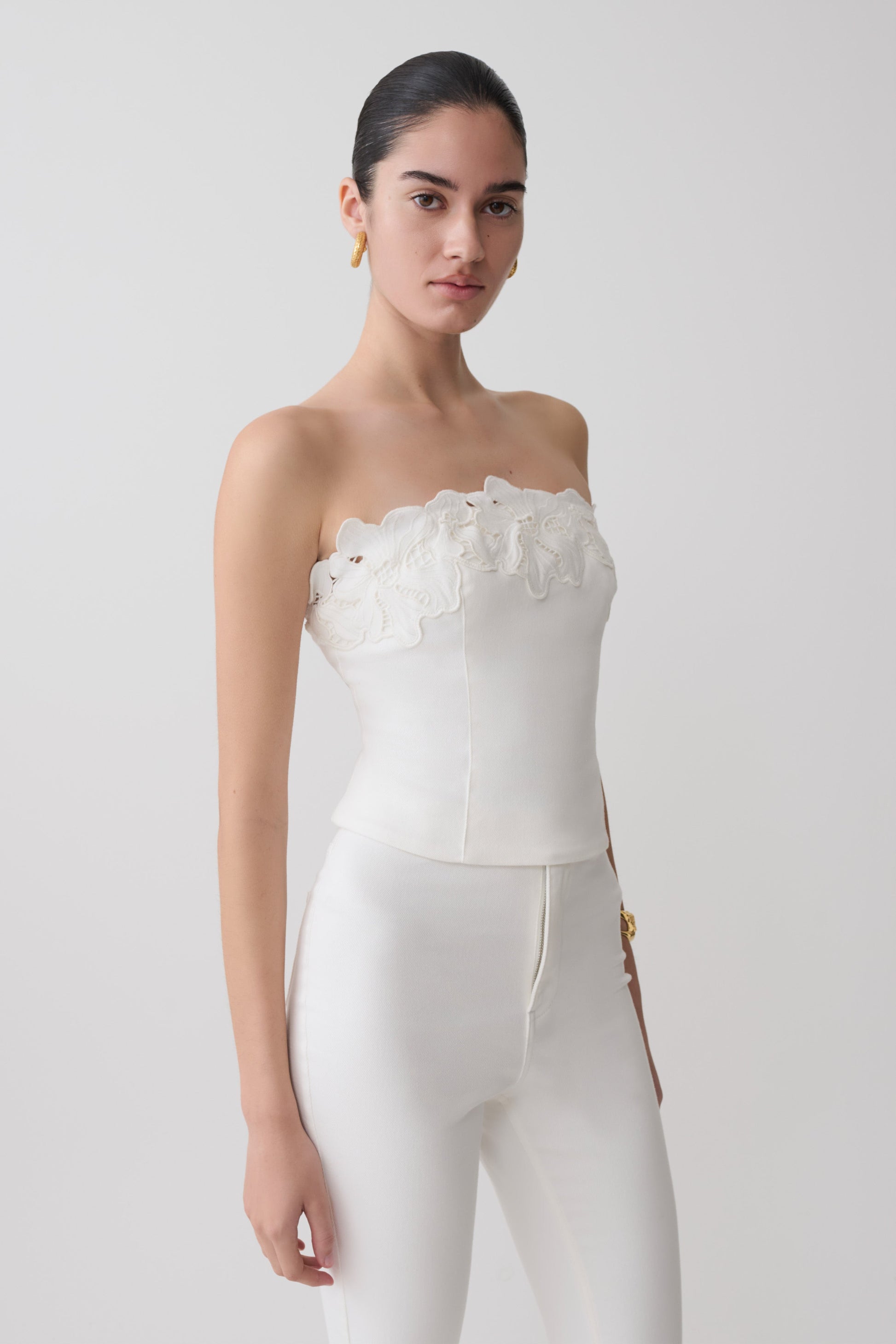 Tillie Flower Embroidery Strapless Denim Top - White #3