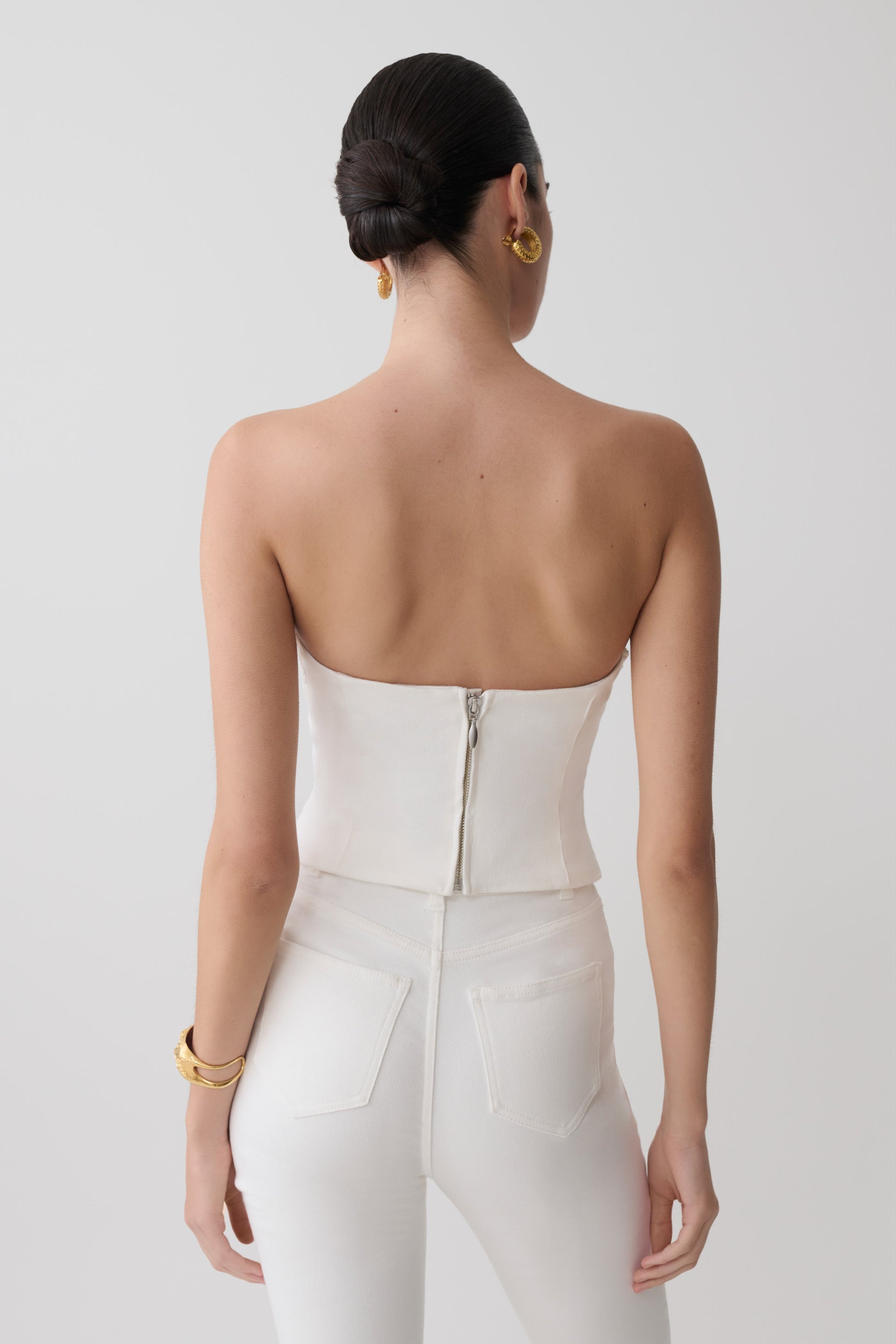 Tillie Flower Embroidery Strapless Denim Top - White #2