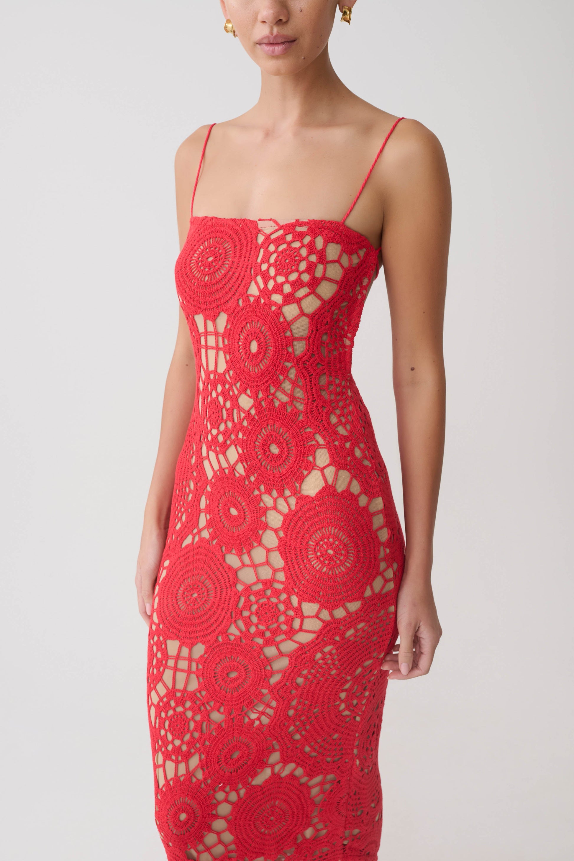 Delta Crochet Halter Midi Dress - Red #3