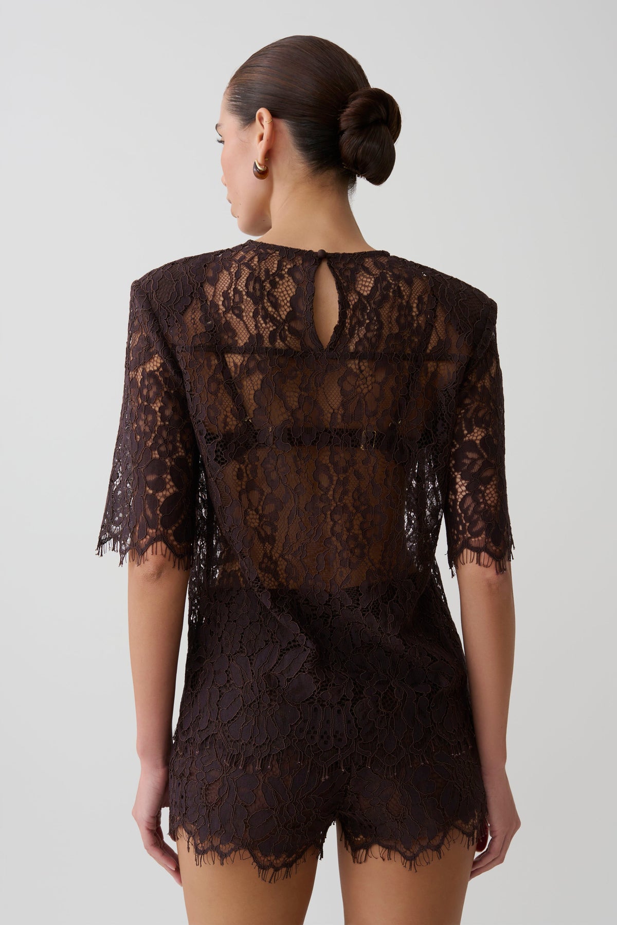 Harlyn Shoulder Pad Short Sleeve Lace Top - Dark Chocolate #2