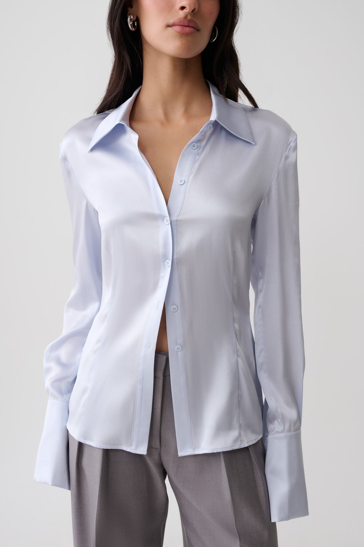 Queenie Silk Blend Long Sleeve Shirt - Ice Blue