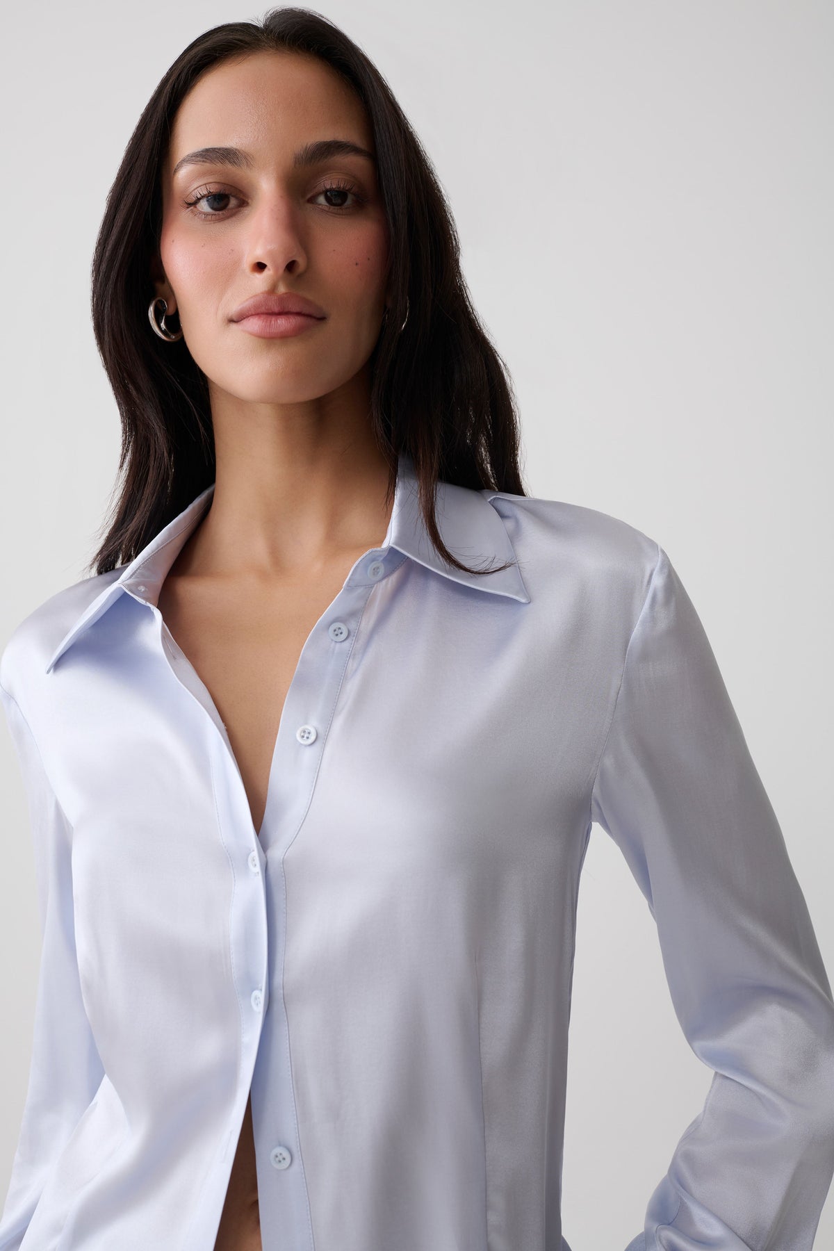 Queenie Silk Blend Long Sleeve Shirt - Ice Blue