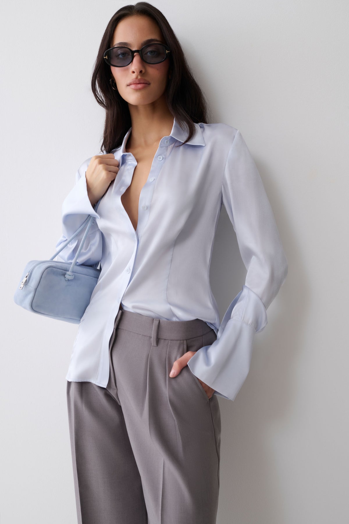 Queenie Silk Blend Long Sleeve Shirt - Ice Blue