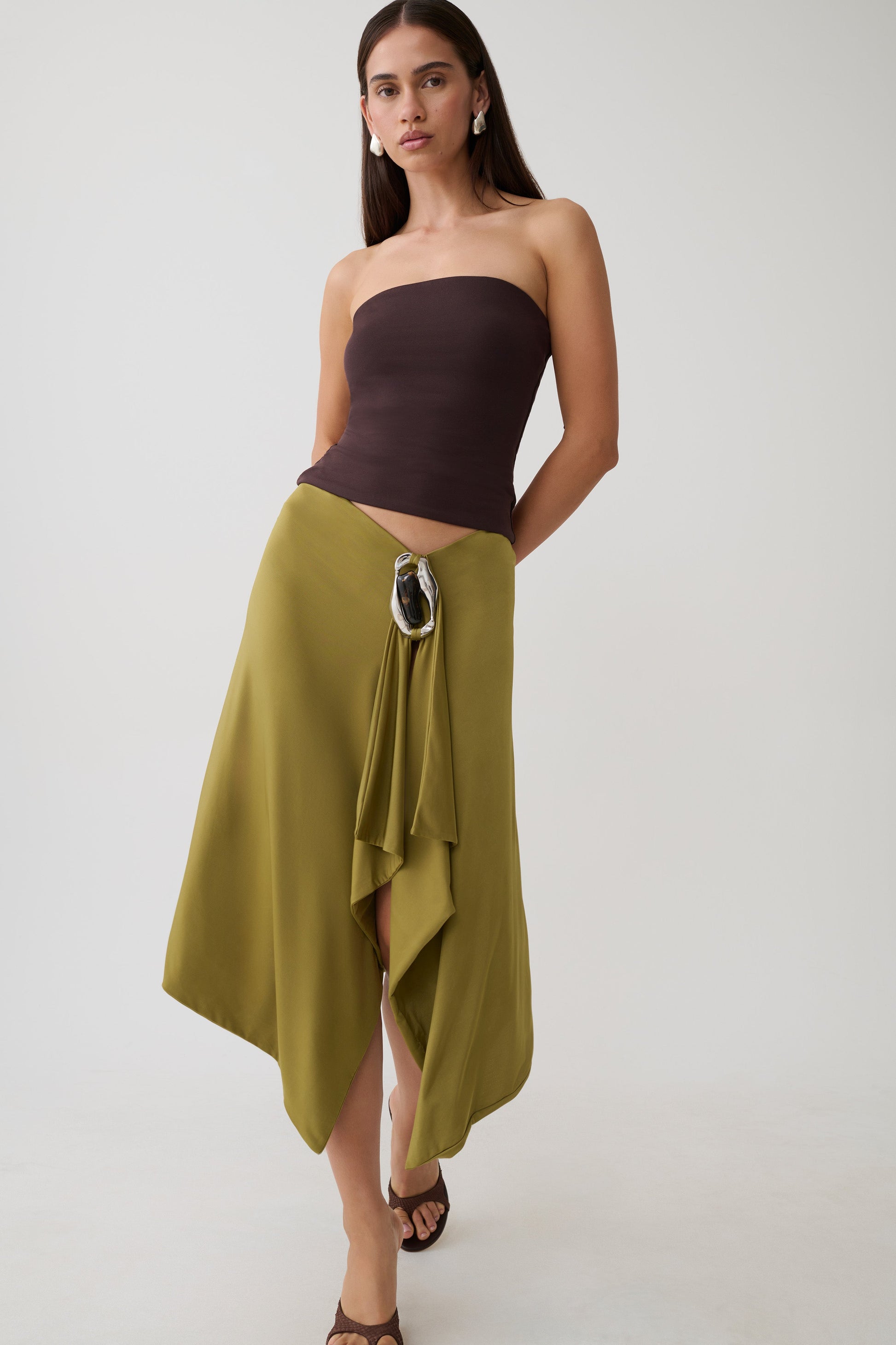 Sault Hankie Midi Skirt with Hardware - Martini Olive #4