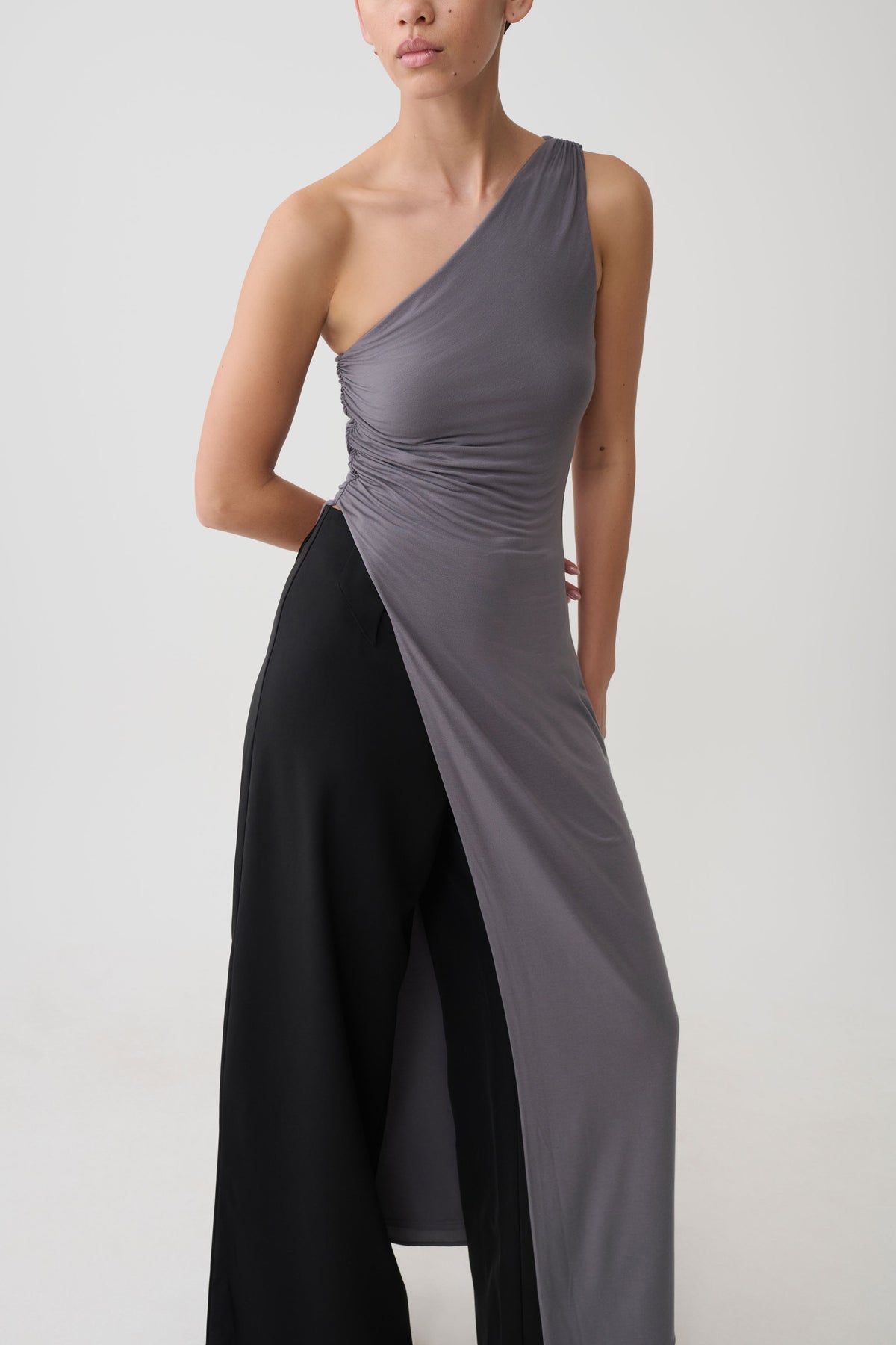 Coriona Long Line Top With Front Cut Out - Grey #6
