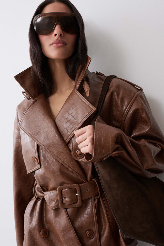 Jamie Funnel Neck Croc Faux Leather Trench - Cognac