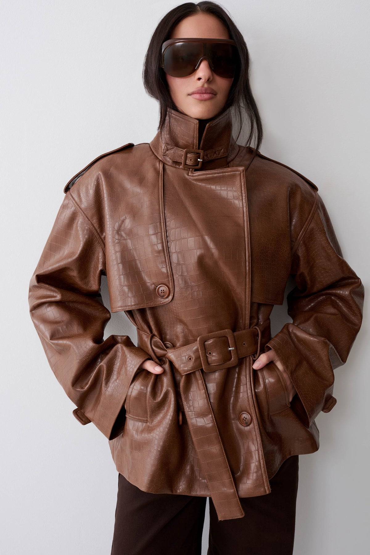 Jamie Funnel Neck Croc Faux Leather Trench - Cognac #2