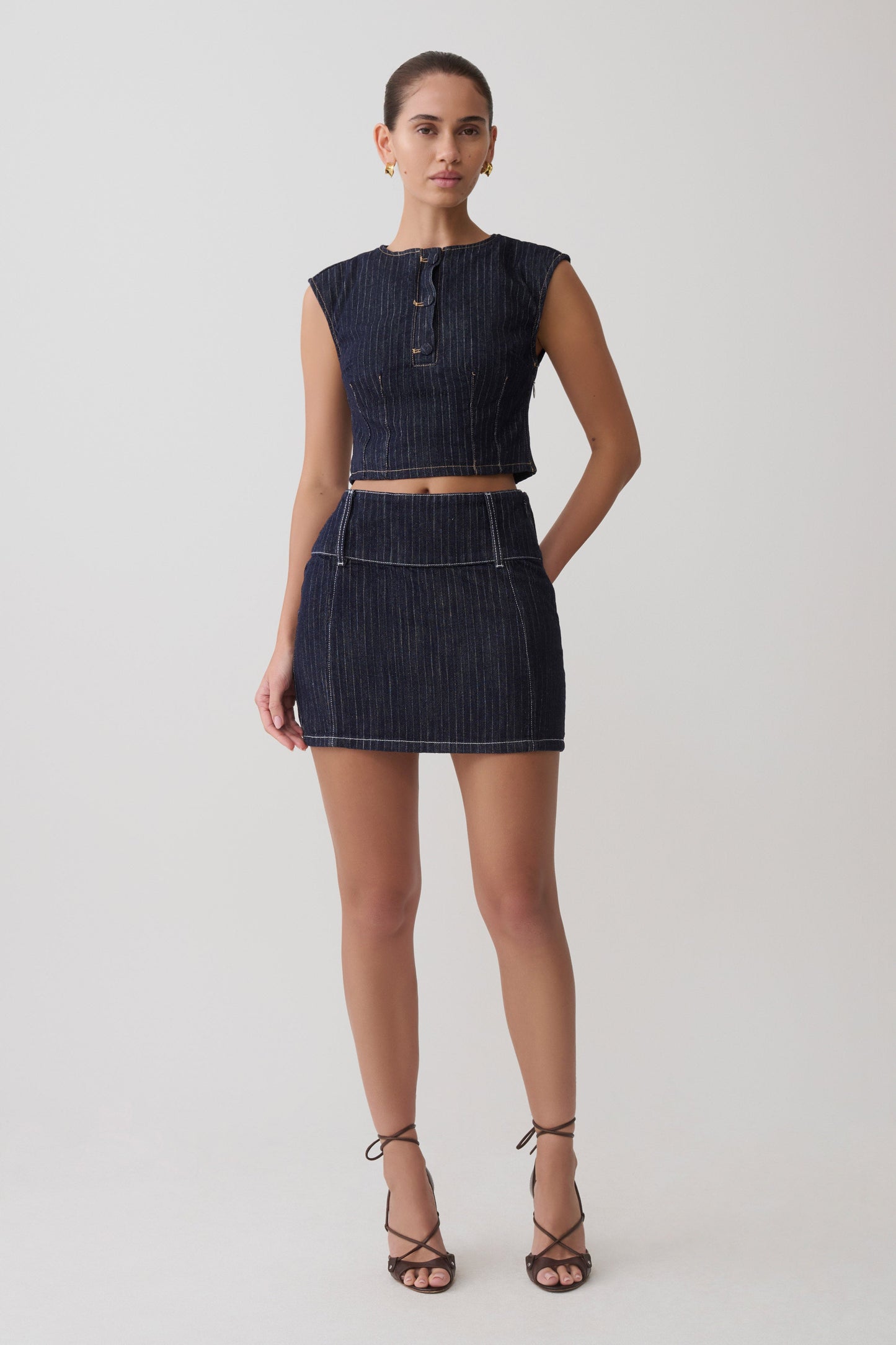 Loraine Sleeveless Denim Top - Indigo Pinstripe