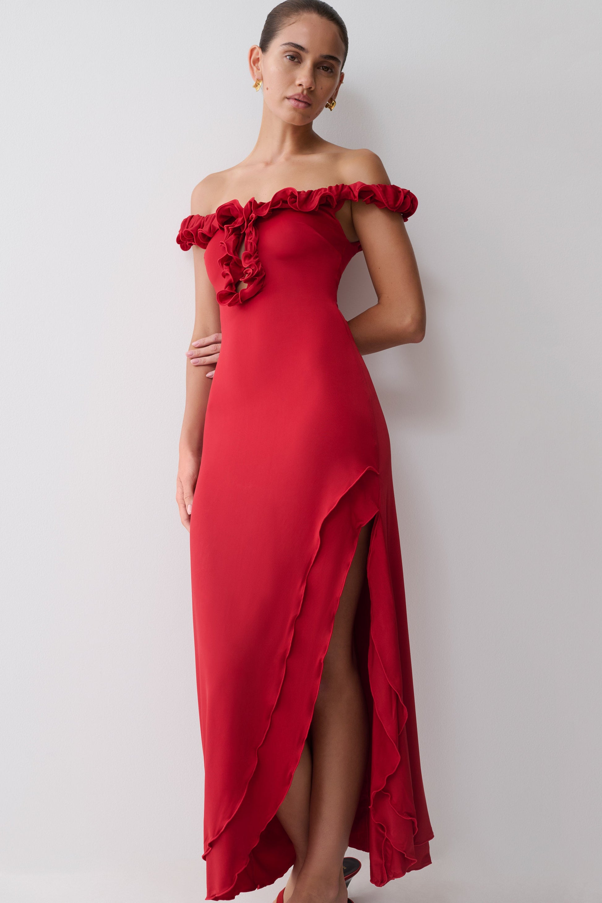 Allegra Off Shoulder Ruffle Midi Dress - Ruby #5