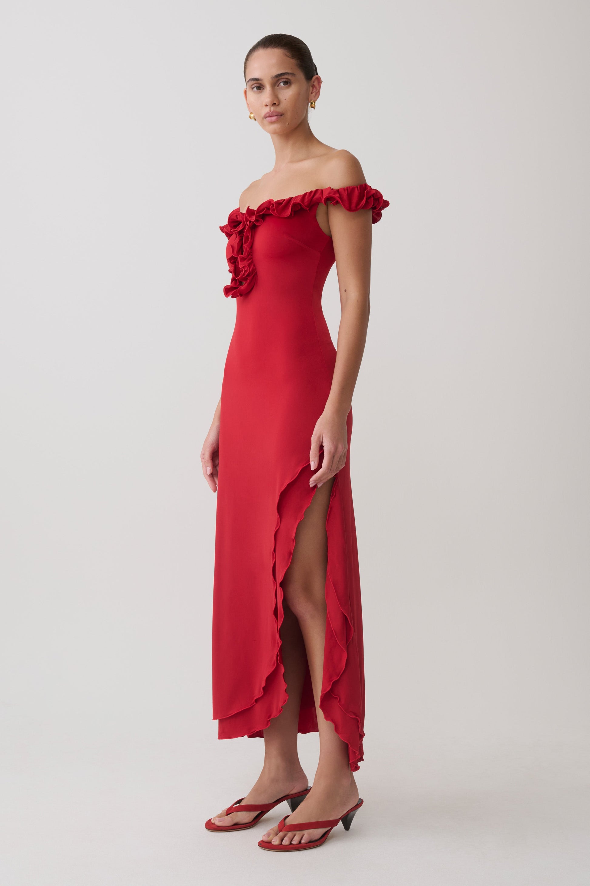 Allegra Off Shoulder Ruffle Midi Dress - Ruby #4