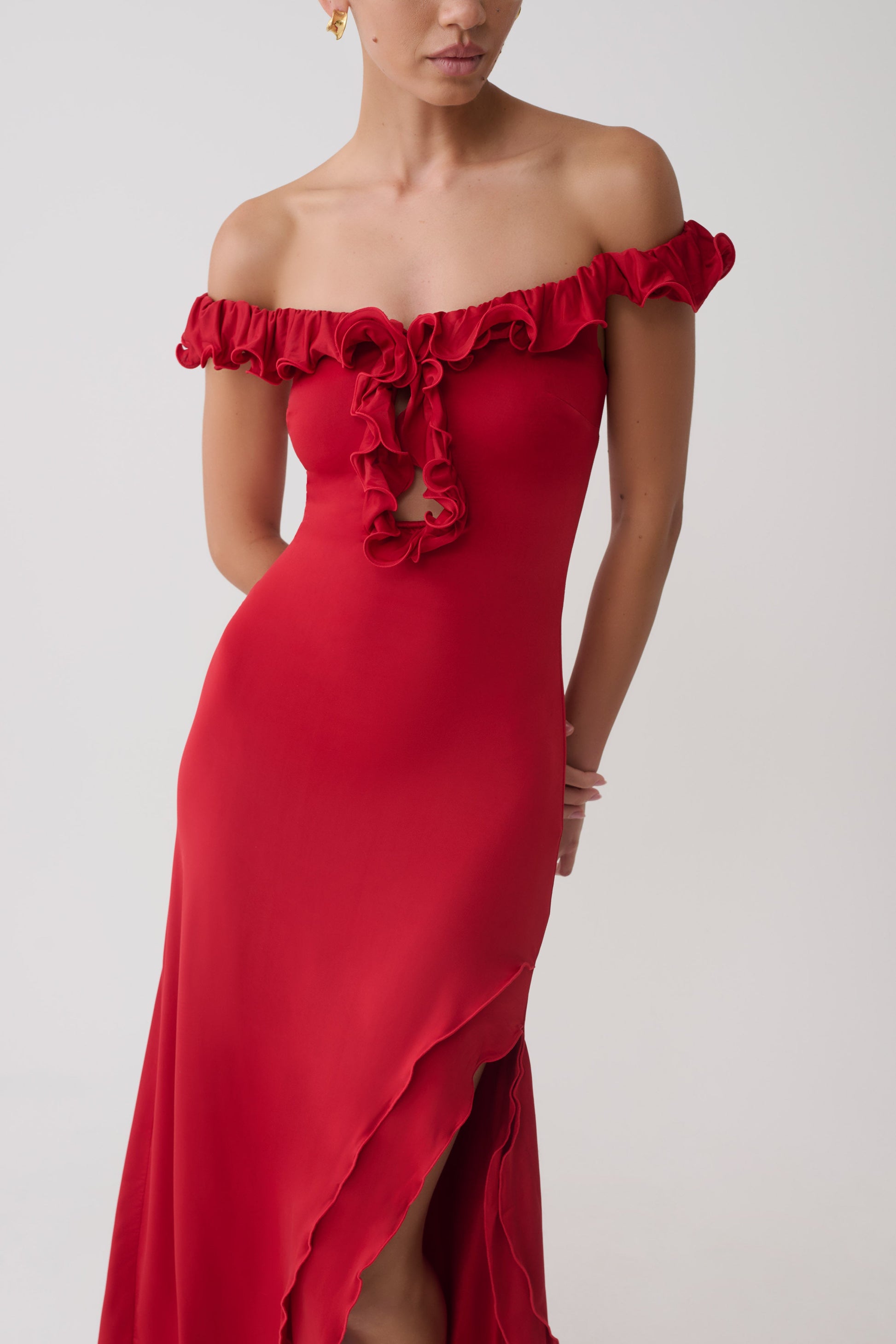 Allegra Off Shoulder Ruffle Midi Dress - Ruby #3