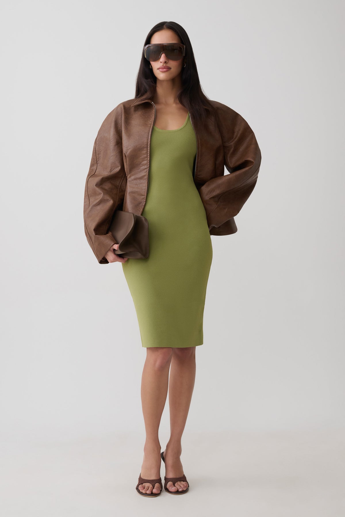 Leah Racer Back Knee Length Knit Dress - Olive
