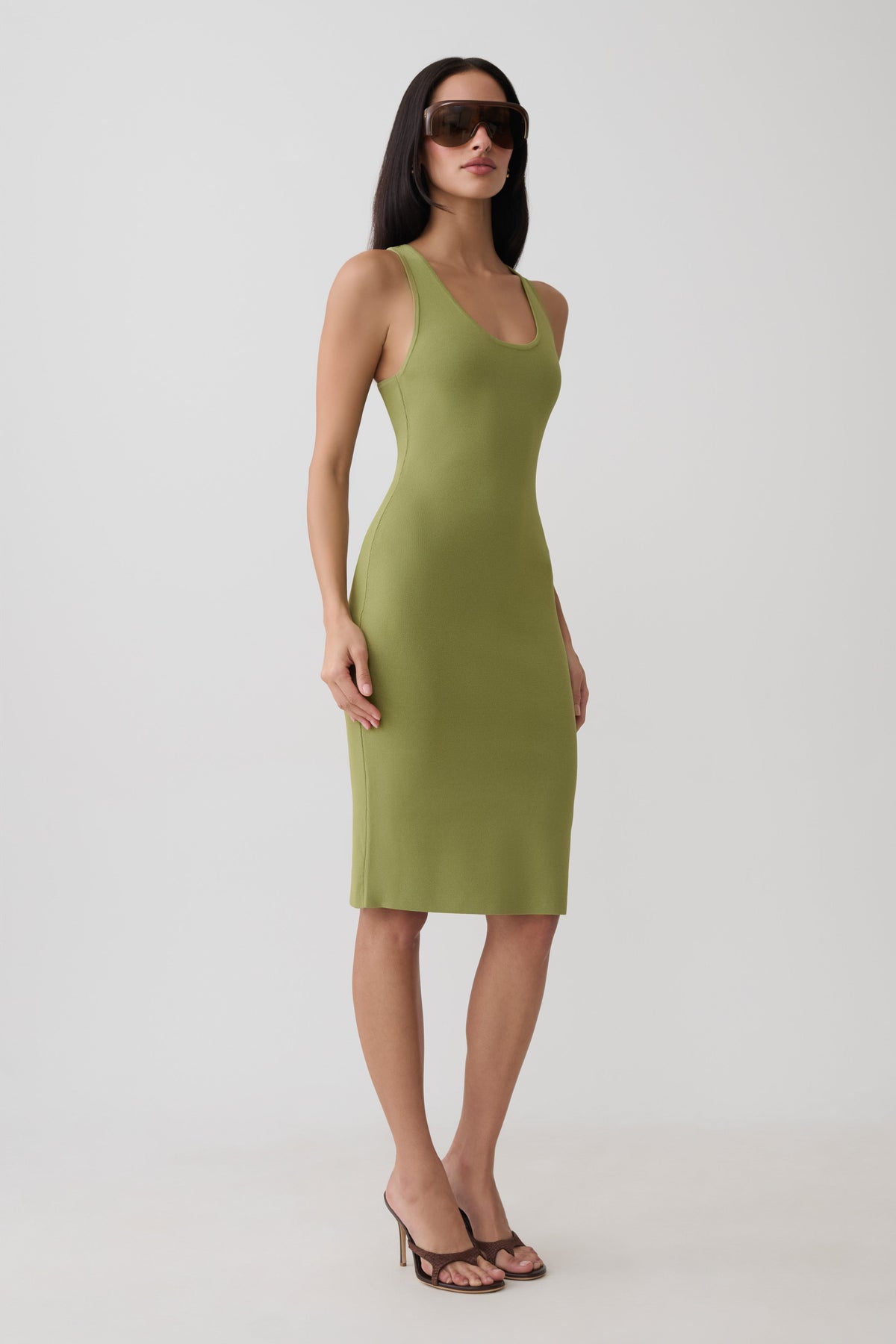 Leah Racer Back Knee Length Knit Dress - Olive #5