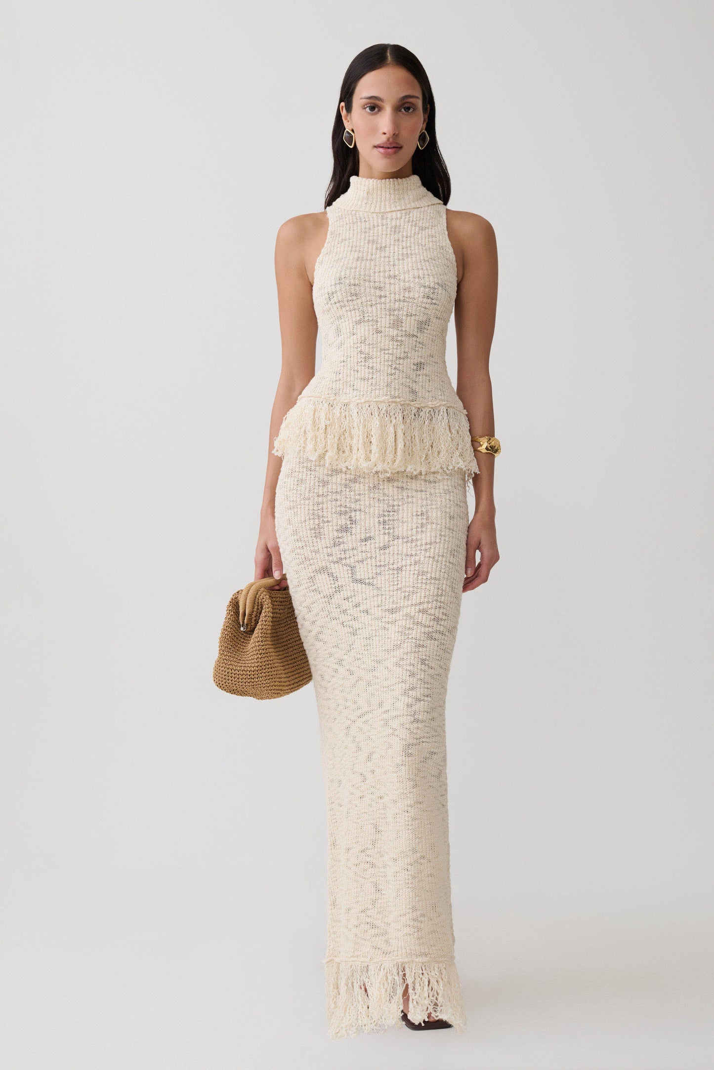 Giovanni Fringe Knit Midi Skirt - Cream