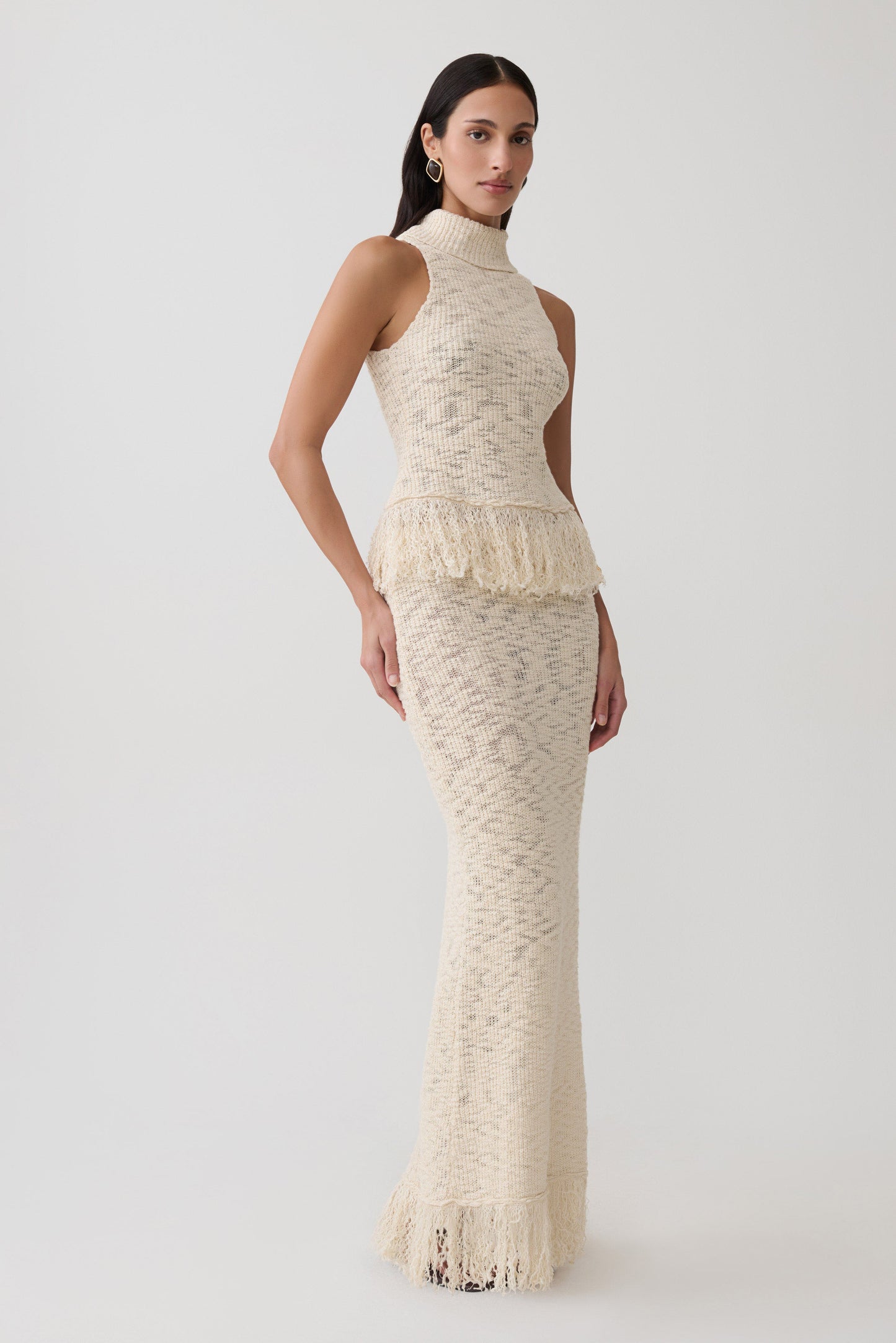 Giovanni Fringe Knit Midi Skirt - Cream