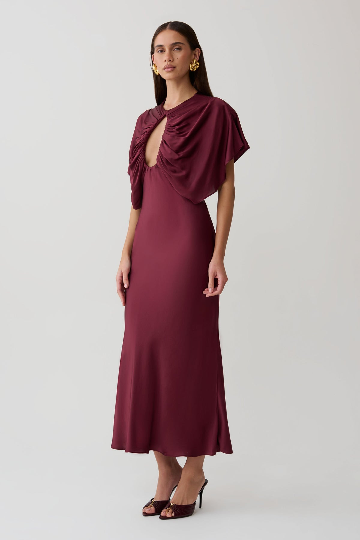 Mona Cut Out Satin Midi Dress - Burgundy
