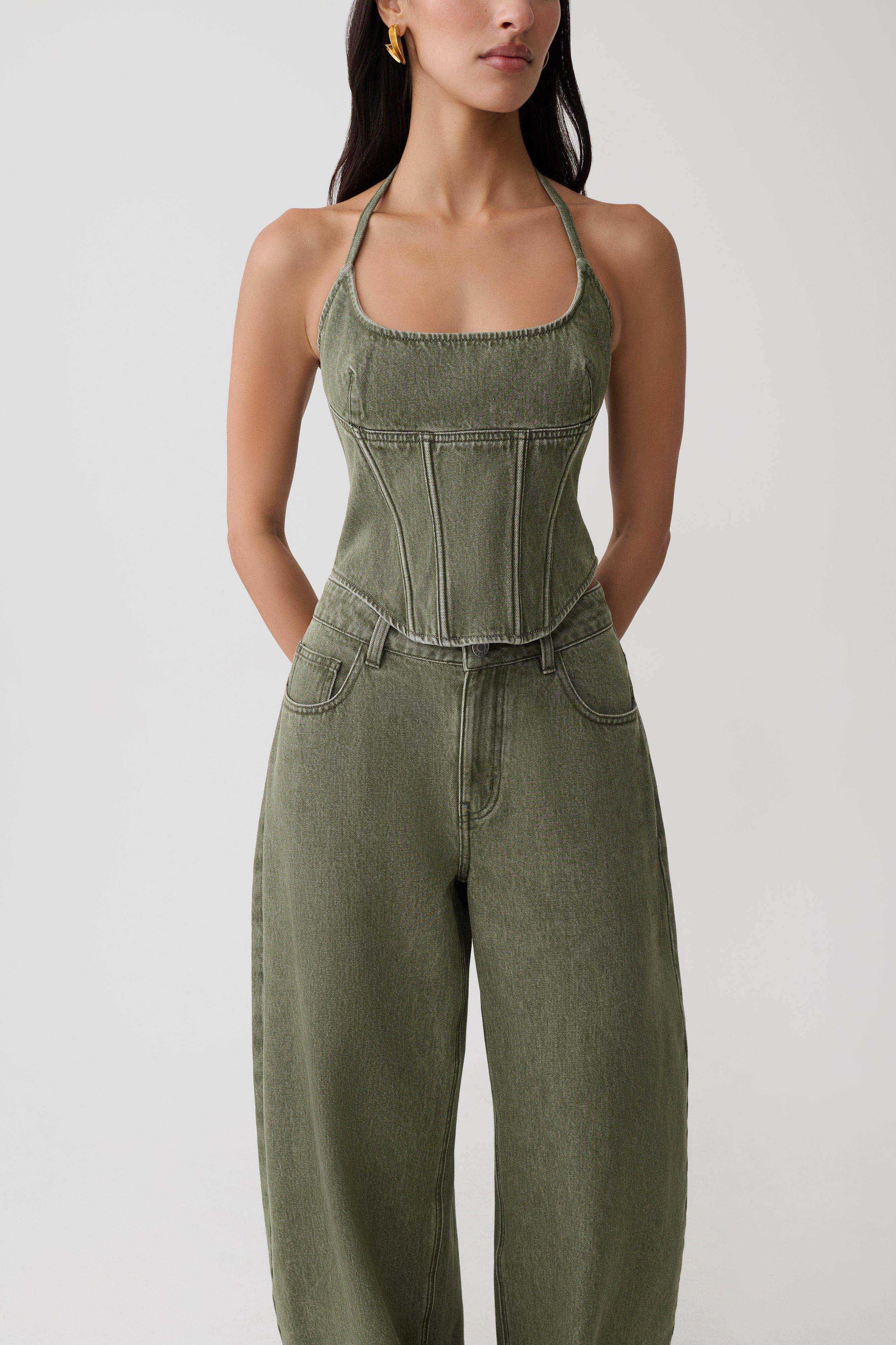 Stephanie Corset Denim Top - Washed Khaki #3