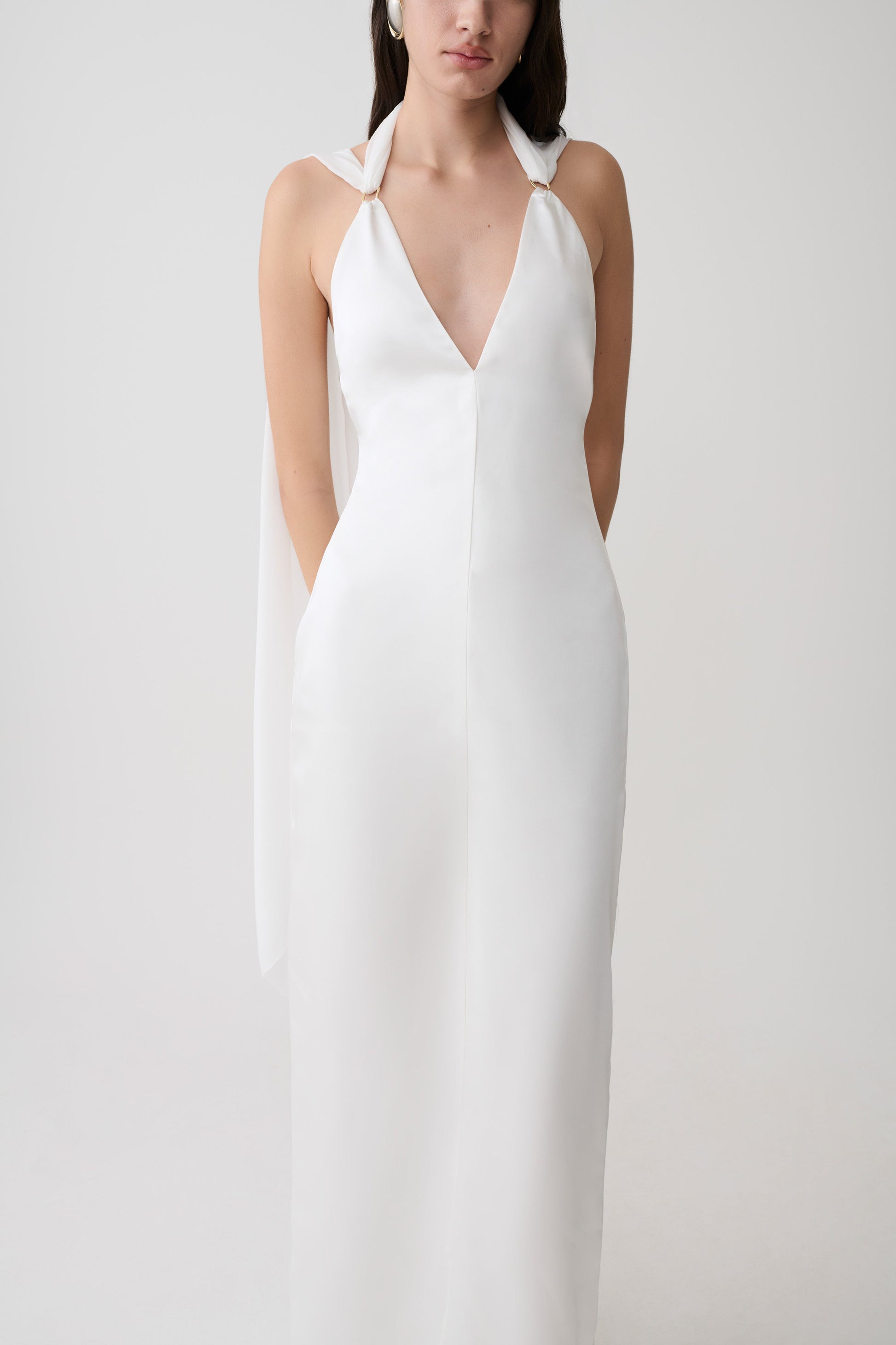 Myla Draped Shoulders Satin Maxi Dress - White #5