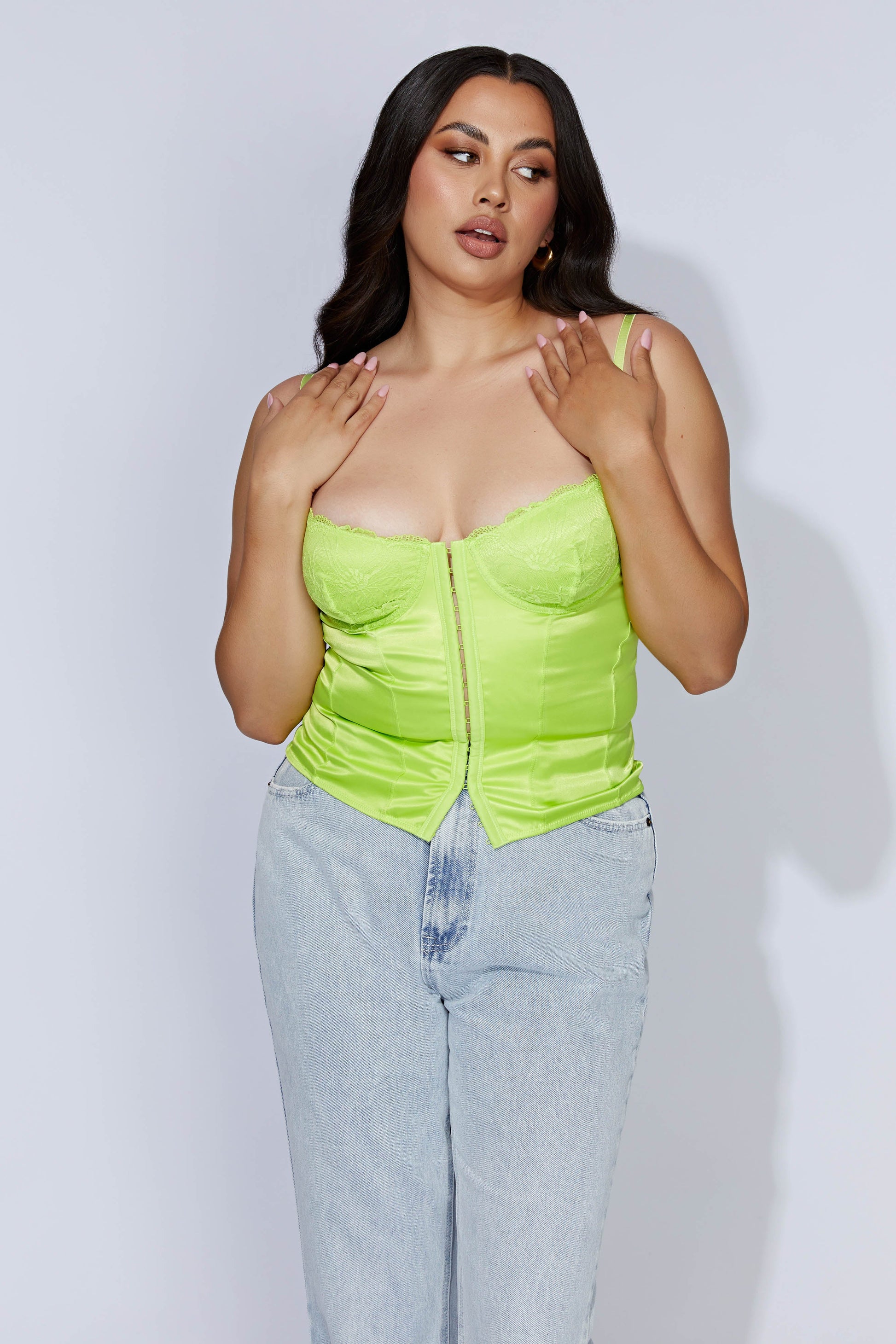 Claudia Lace Satin Bustier Corset - Lime Green #7