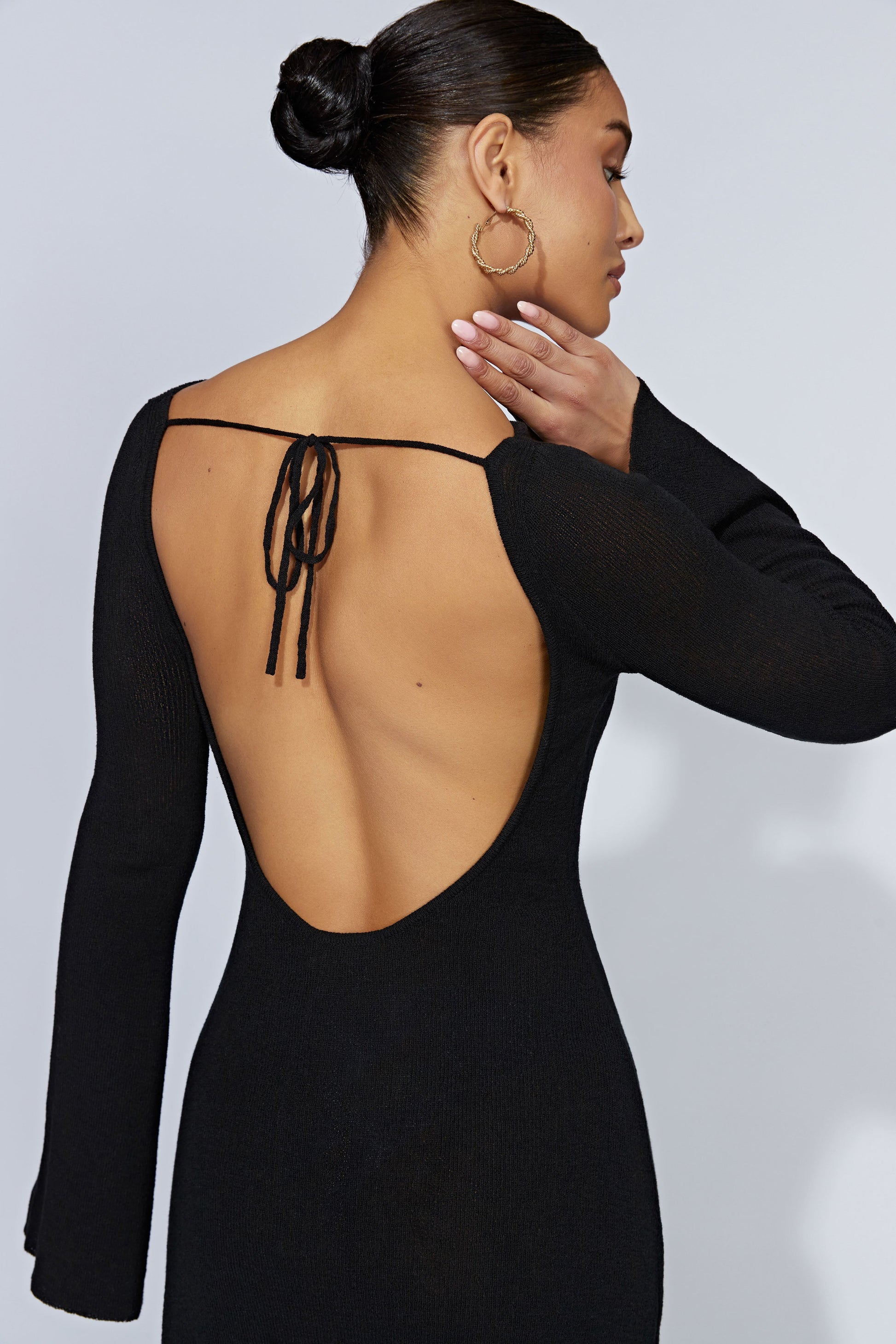 Zahra Long Sleeve Open Back Mini Knit Dress - Black #4