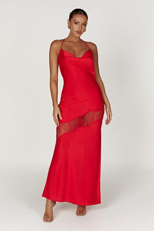 Chandra Lace Detail Satin Maxi Dress - Red