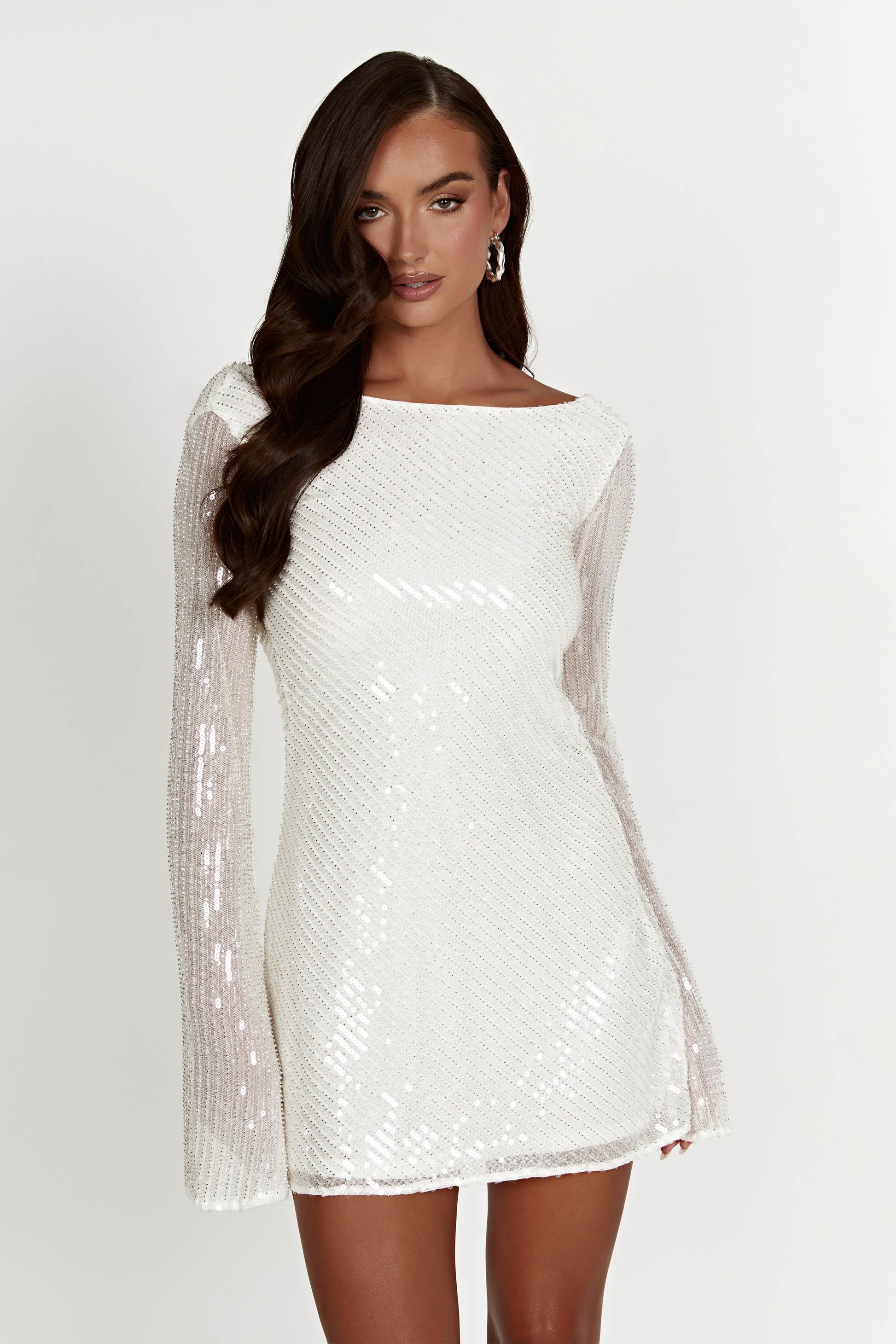 Nala Sequin Mini Dress - White | MESHKI UK Nala Sequin Mini Dress - White | MESHKI UK