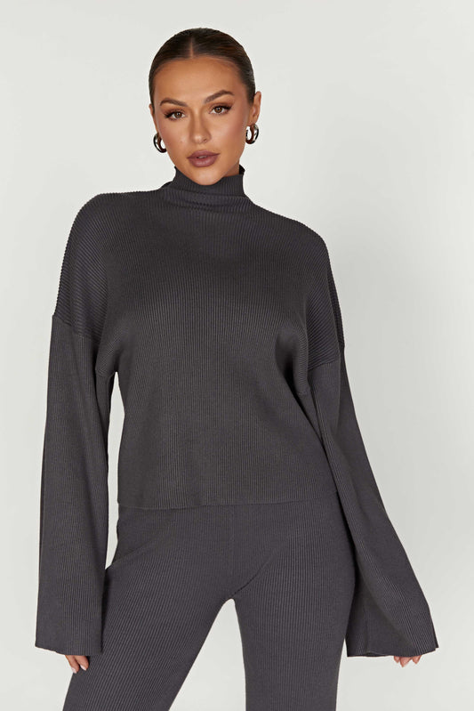 Winona Turtleneck Knit Top - Charcoal