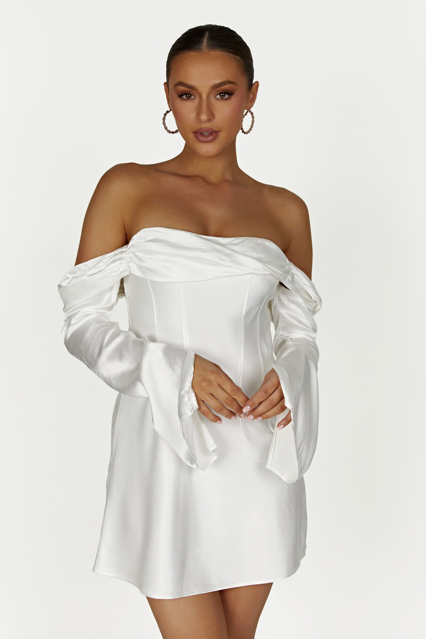 Giselle Off Shoulder Satin Mini Dress - White