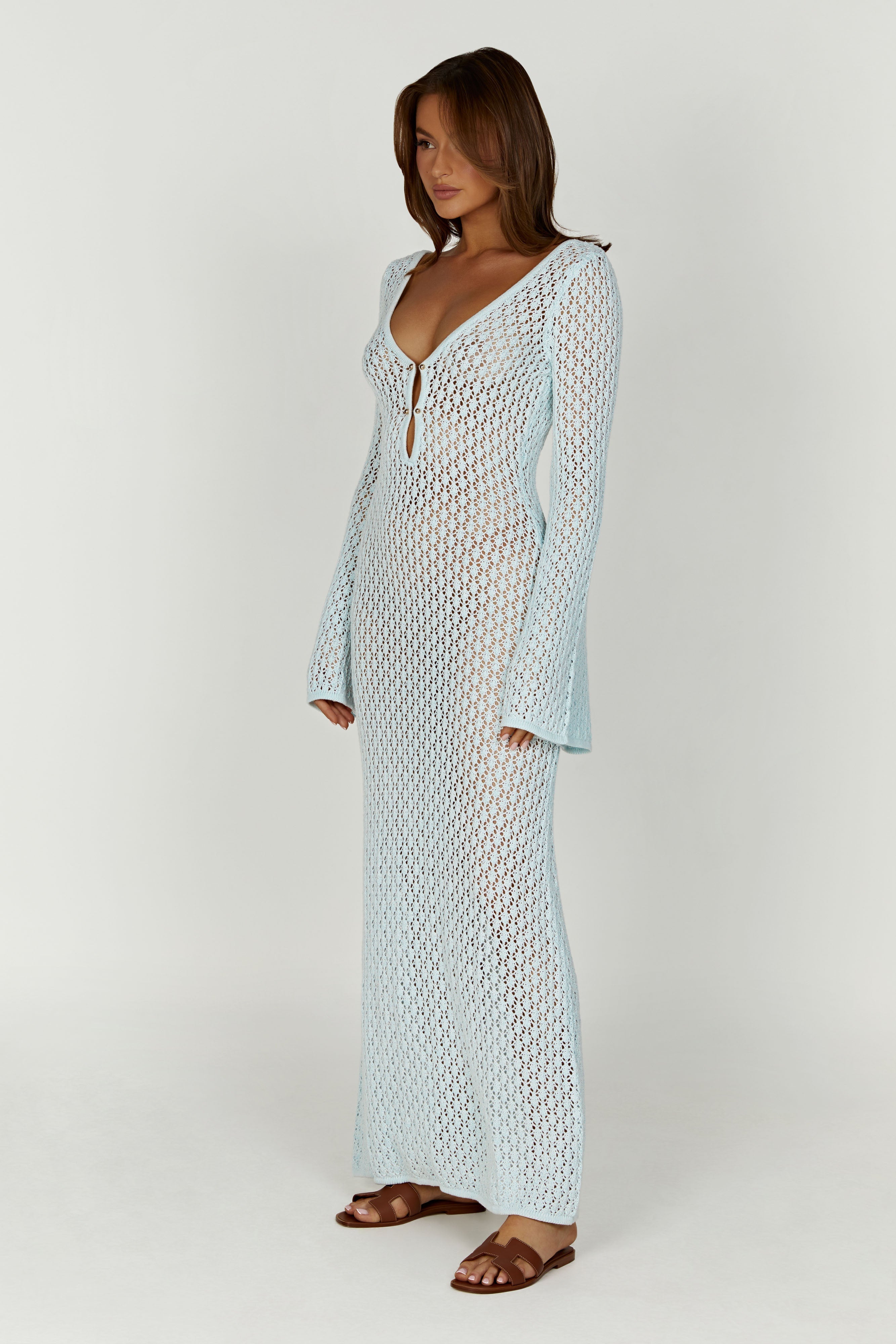 Kayleigh Crochet Fishtail Flare Sleeve Maxi Dress - Arctic Blue - Meshki Uk