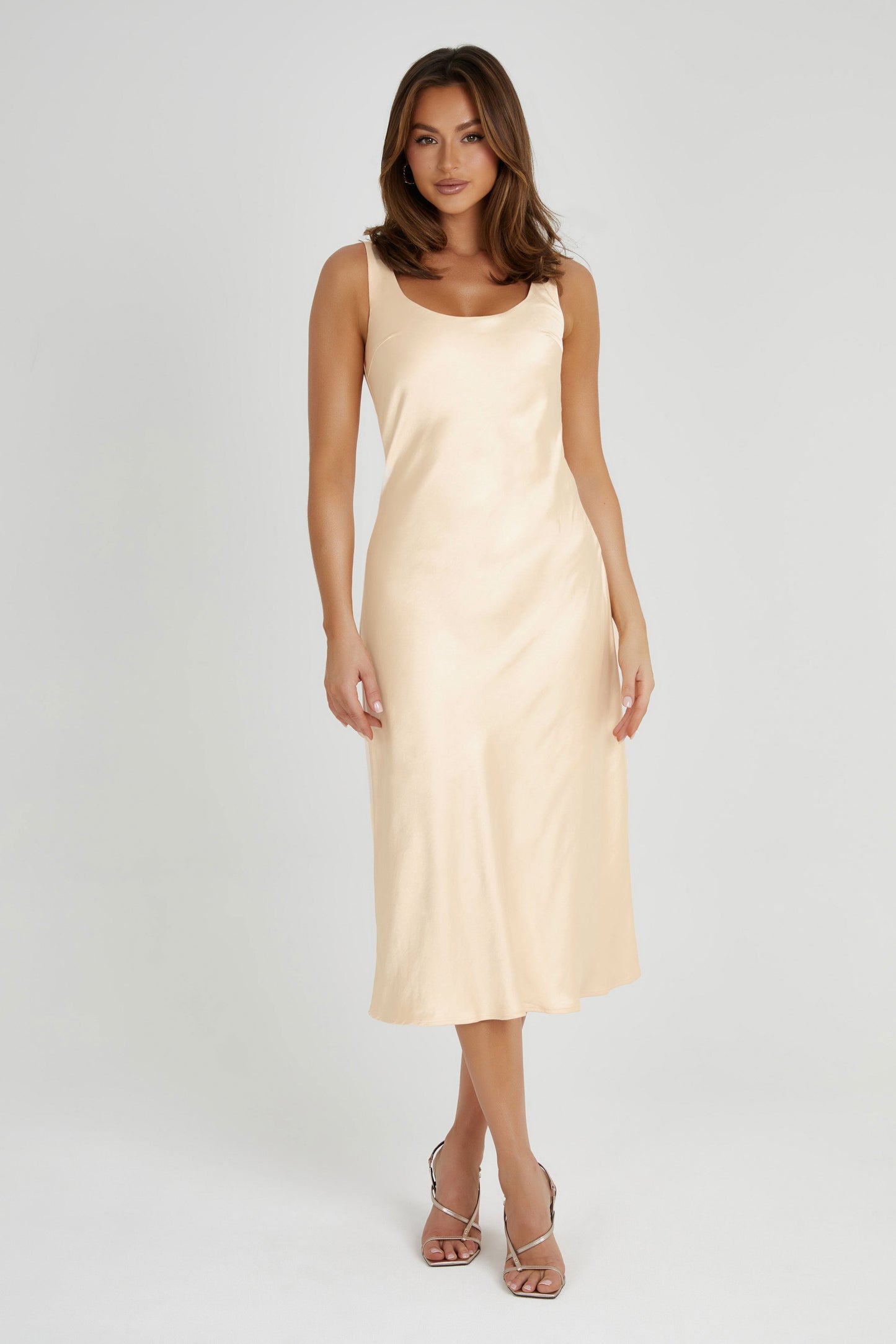 Tamara Satin Iridescent Slip Midi Dress - Apricot