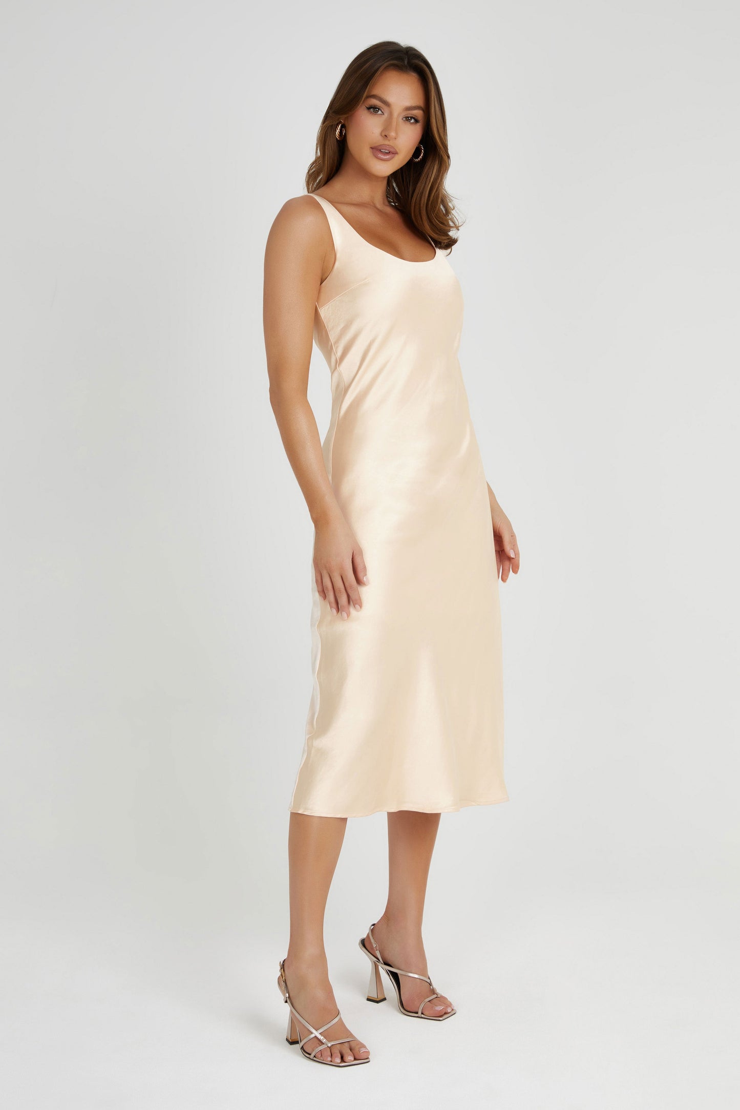 Tamara Satin Iridescent Slip Midi Dress - Apricot